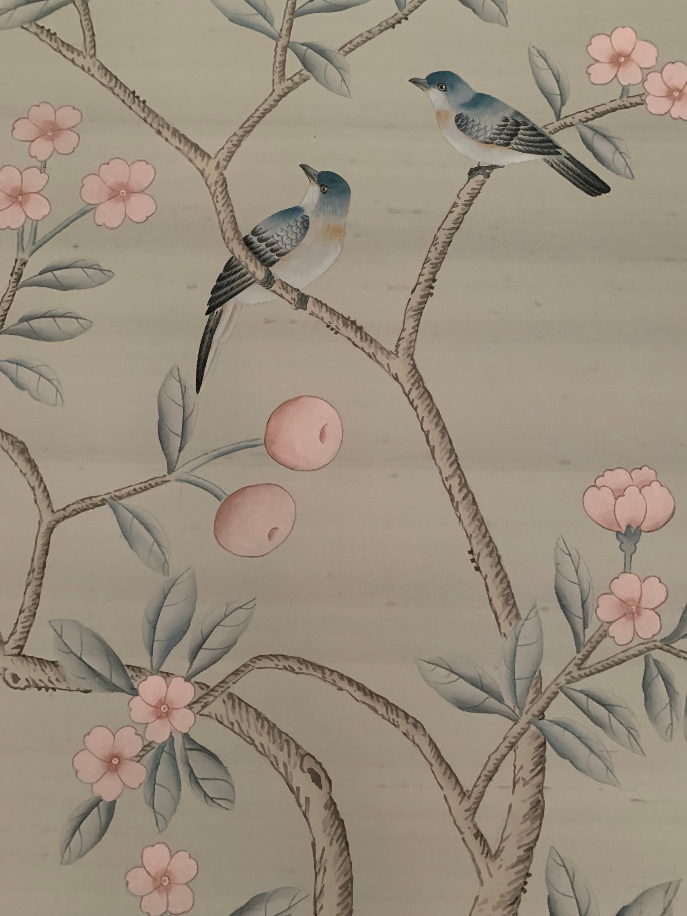 26" x48": Chinoiserie Handpainted Artwork on Light Grey Slub Silk DP-25