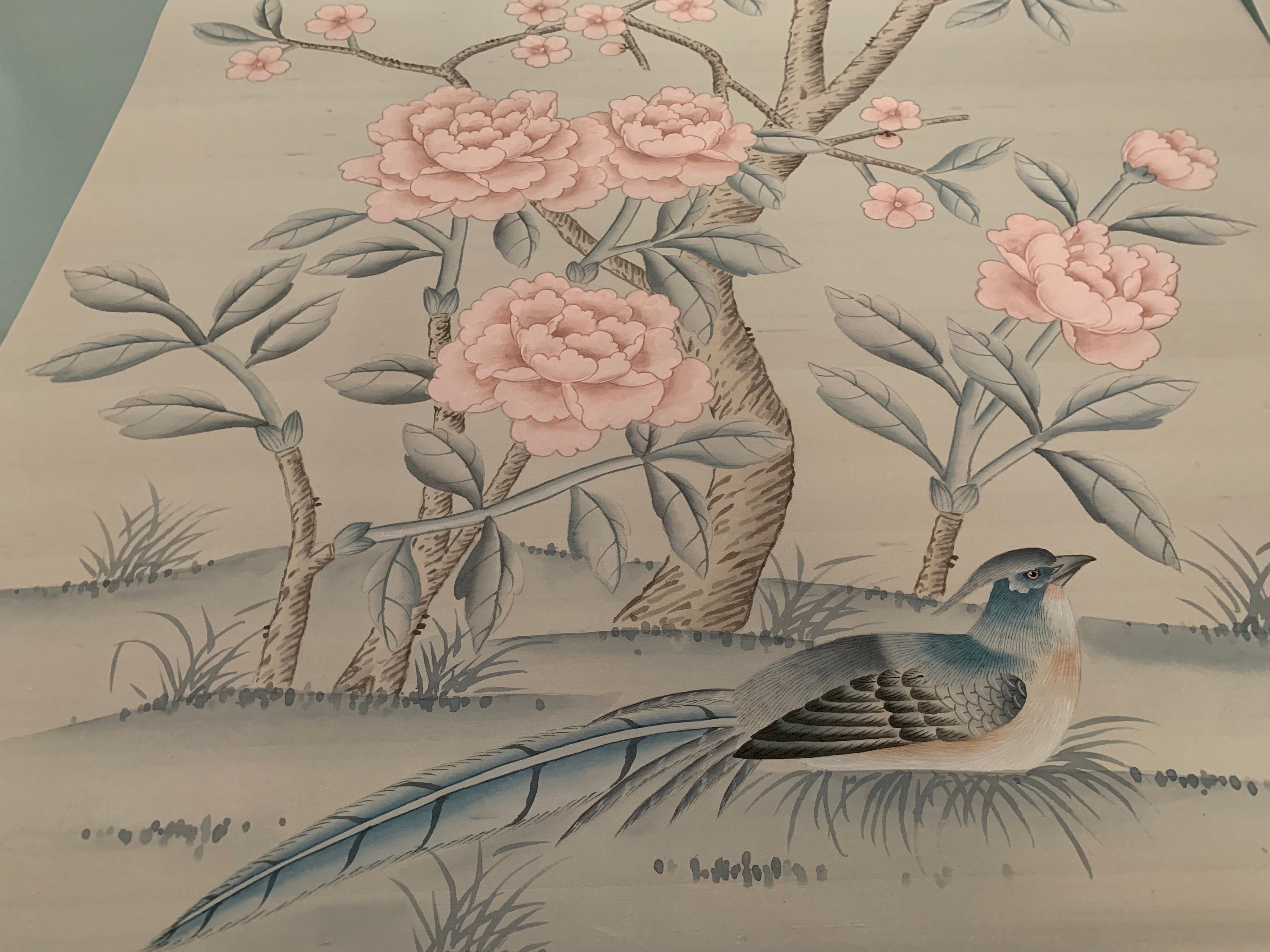 26" x48": Chinoiserie Handpainted Artwork on Light Grey Slub Silk DP-25