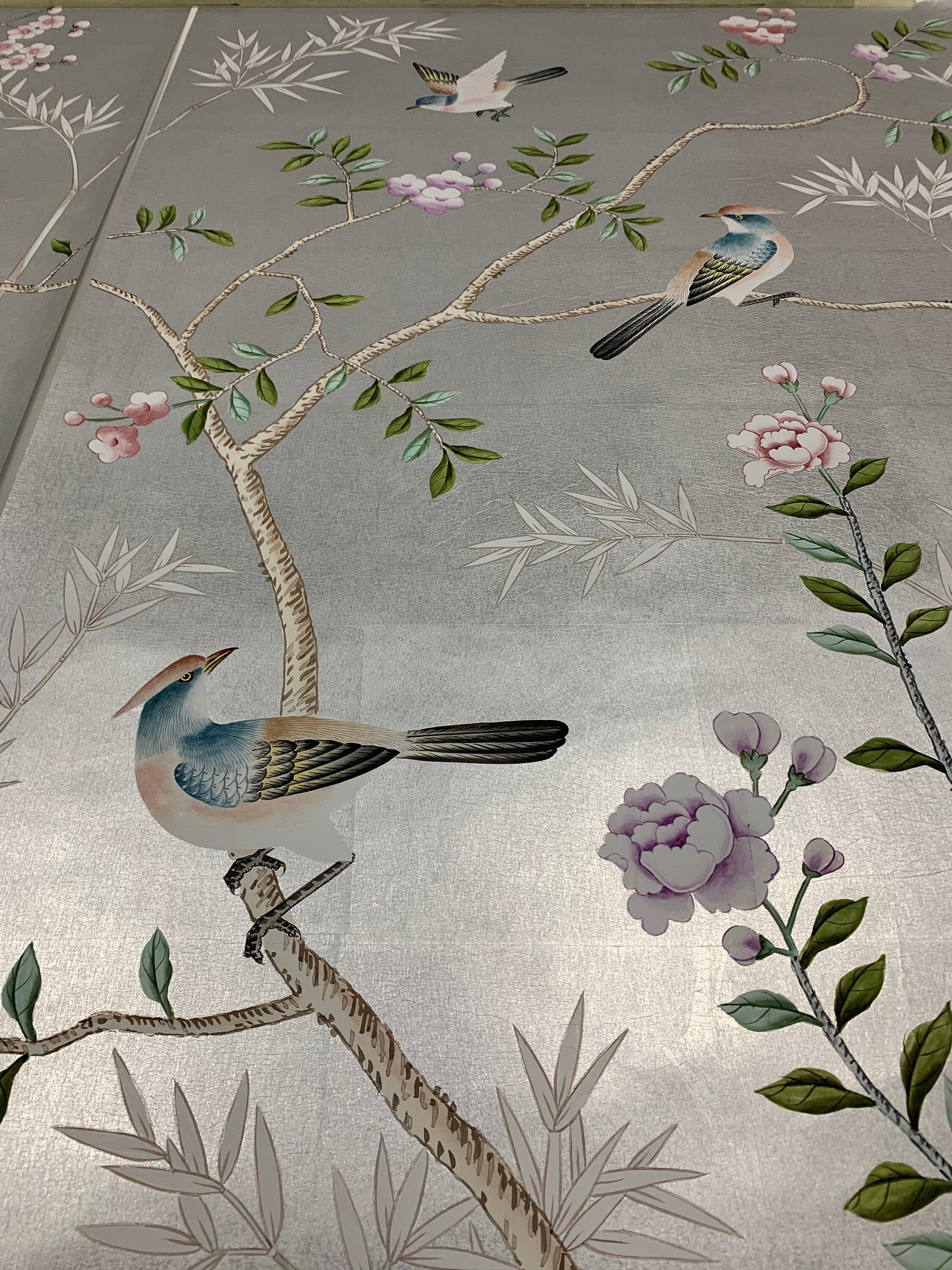 26" by 52" Chinoiserie Handpainted Artwork on Silver Metallic Leaf