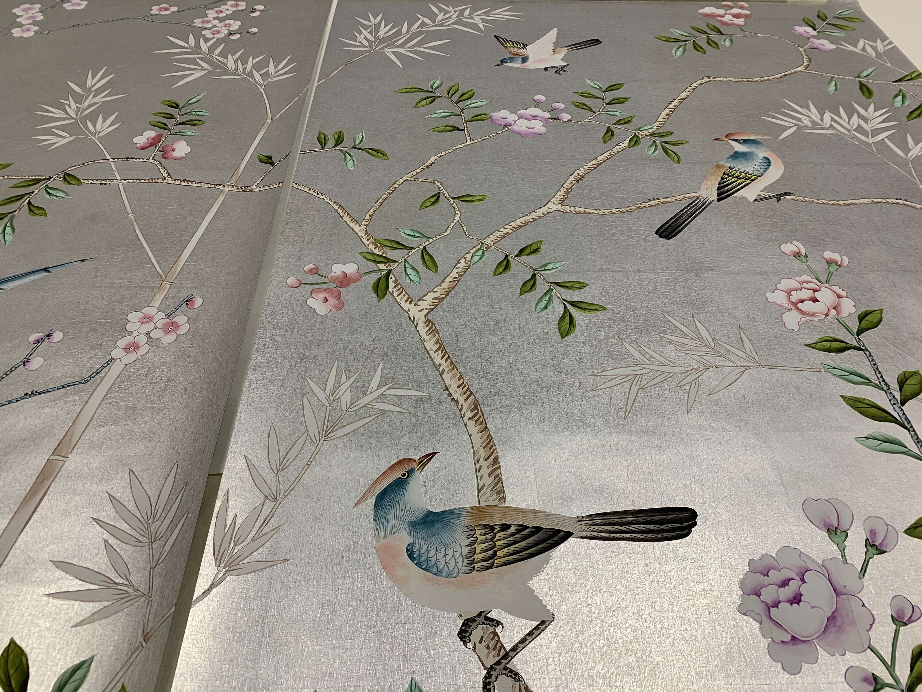 26" by 52" Chinoiserie Handpainted Artwork on Silver Metallic Leaf