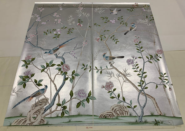26" by 52" Chinoiserie Handpainted Artwork on Silver Metallic Leaf