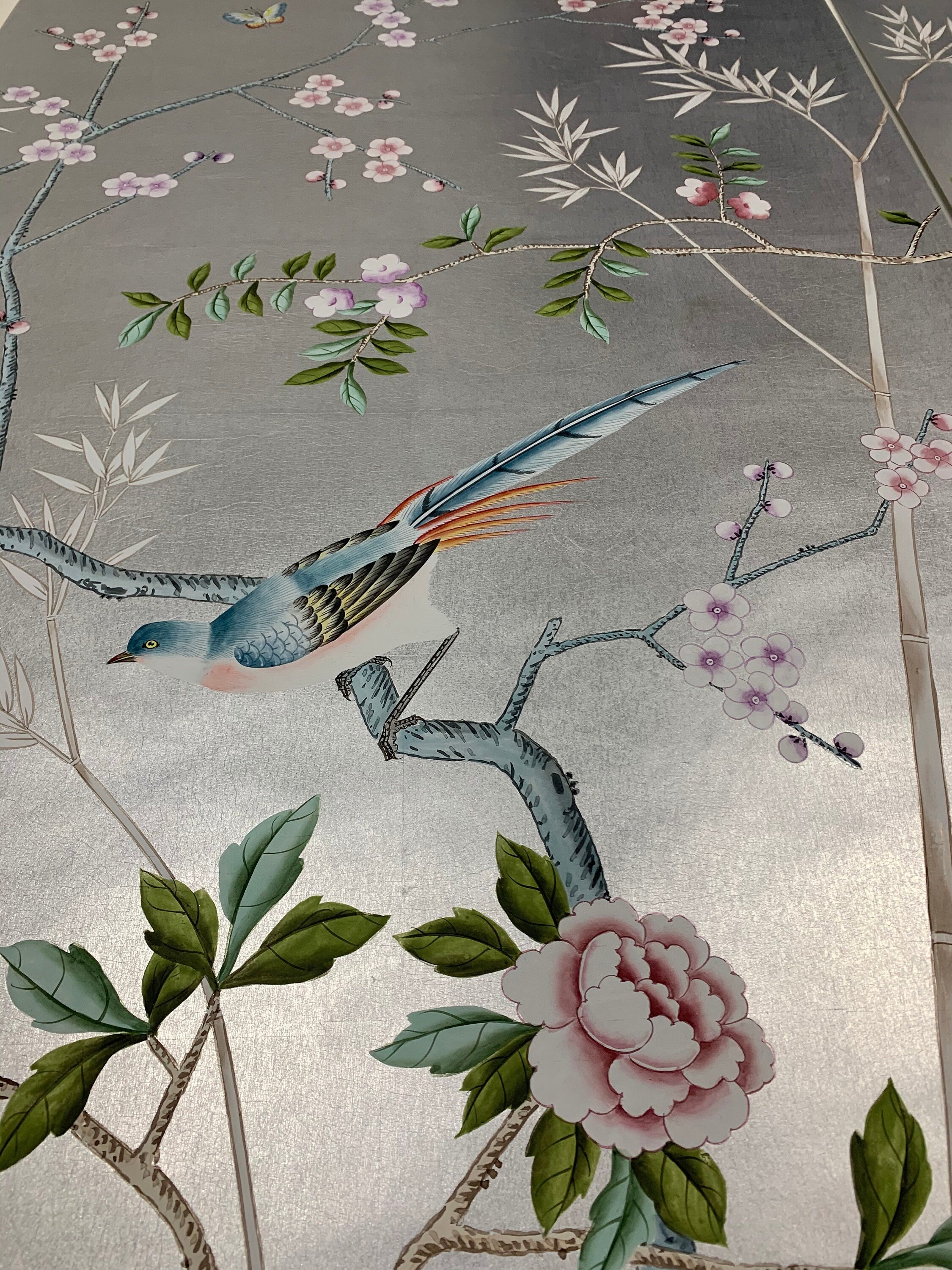 26" by 52" Chinoiserie Handpainted Artwork on Silver Metallic Leaf