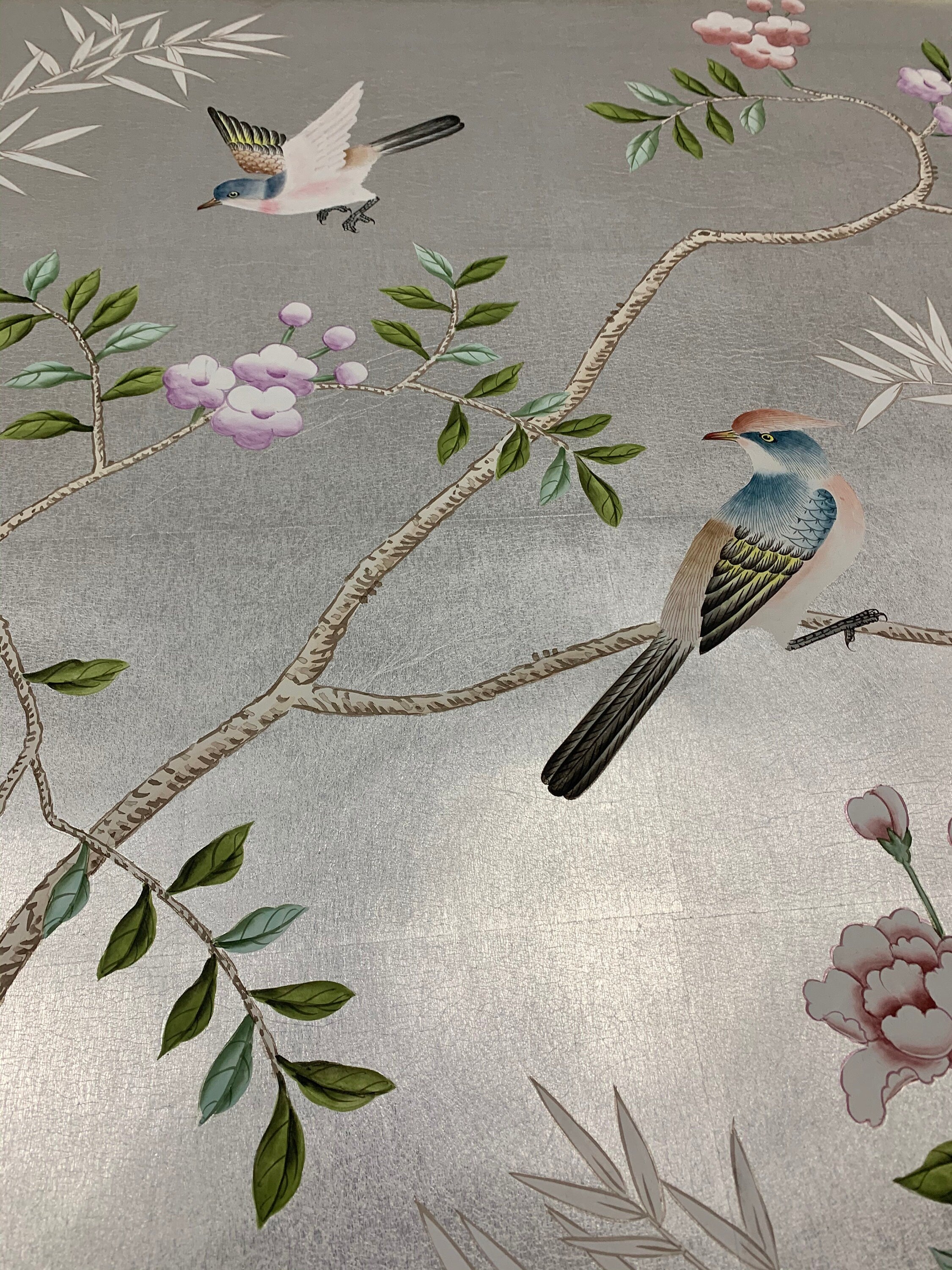 26" by 52" Chinoiserie Handpainted Artwork on Silver Metallic Leaf