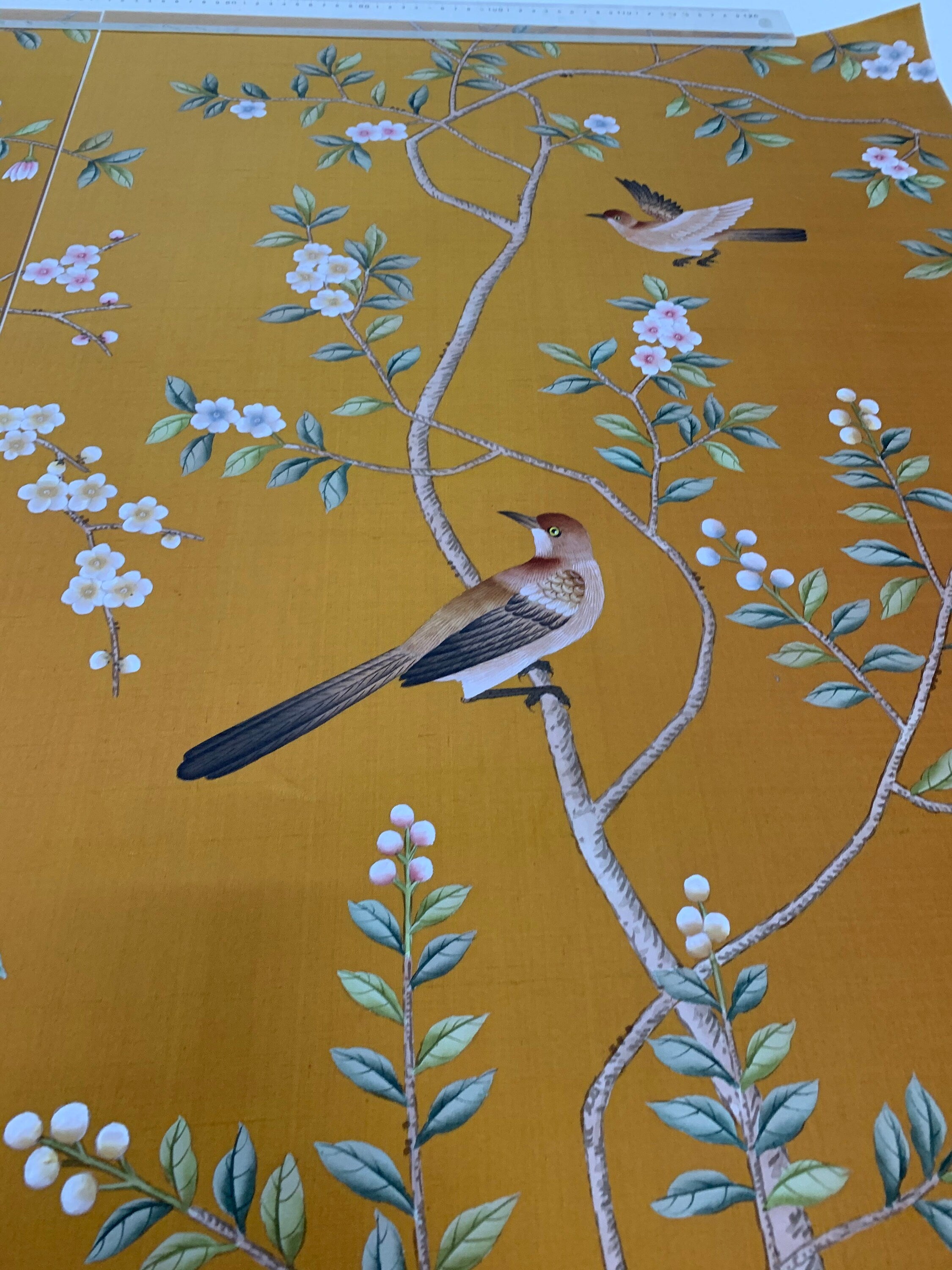 24" x 42" Chinoiserie Handpainted Artwork on Orange Slub Silk DP-30