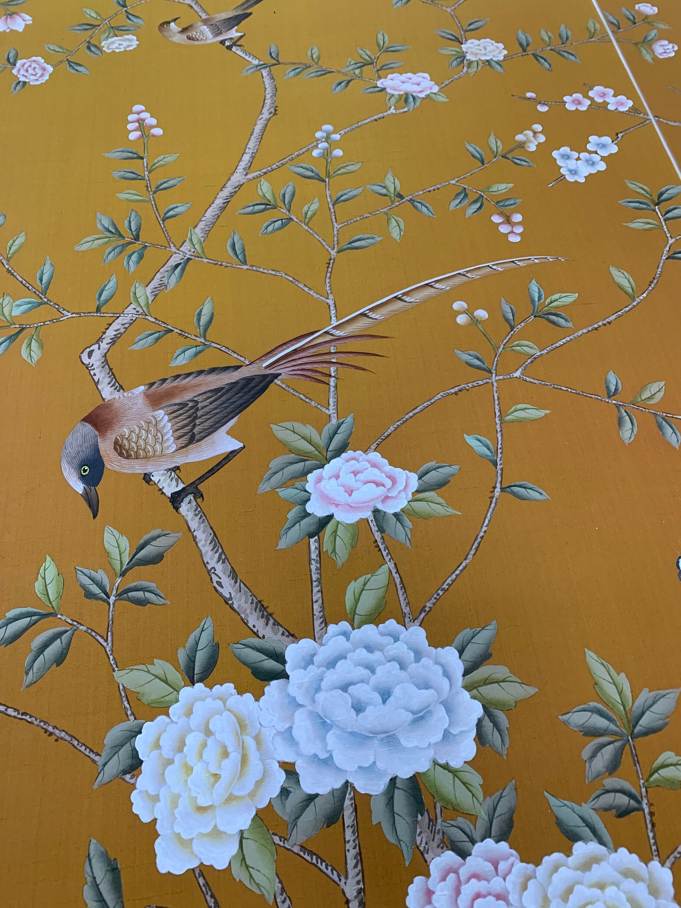 24" x 42" Chinoiserie Handpainted Artwork on Orange Slub Silk DP-30