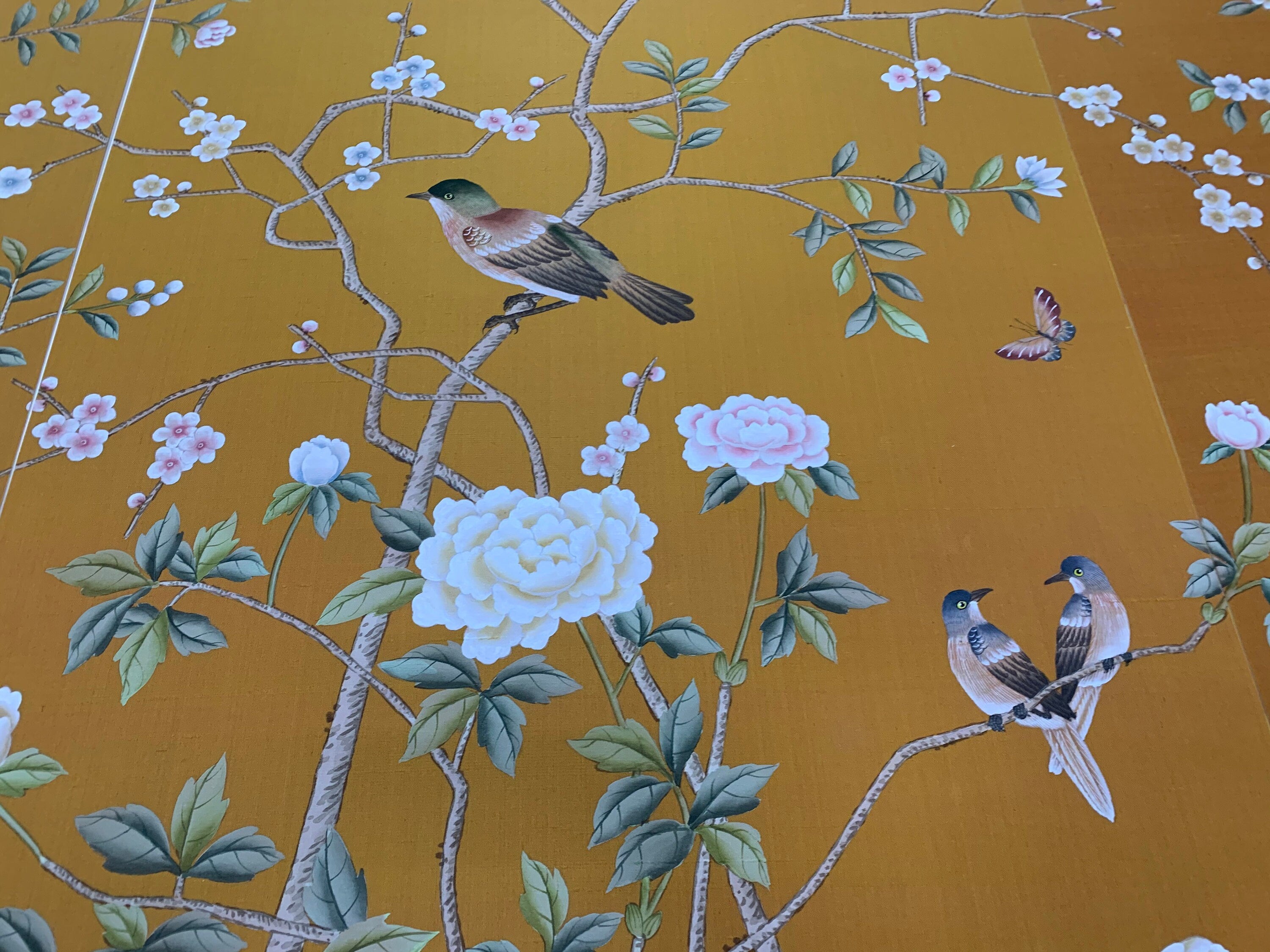 24" x 42" Chinoiserie Handpainted Artwork on Orange Slub Silk DP-30