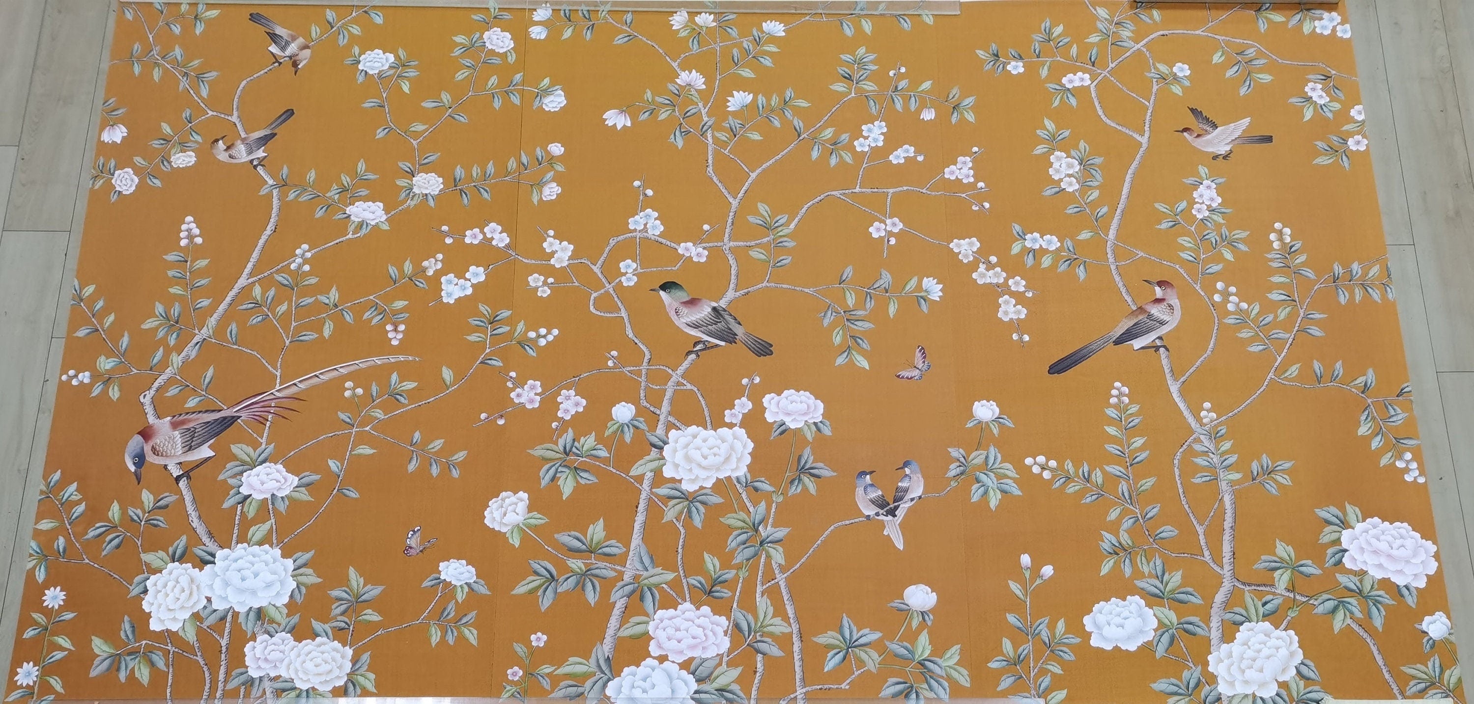 24" x 42" Chinoiserie Handpainted Artwork on Orange Slub Silk DP-30
