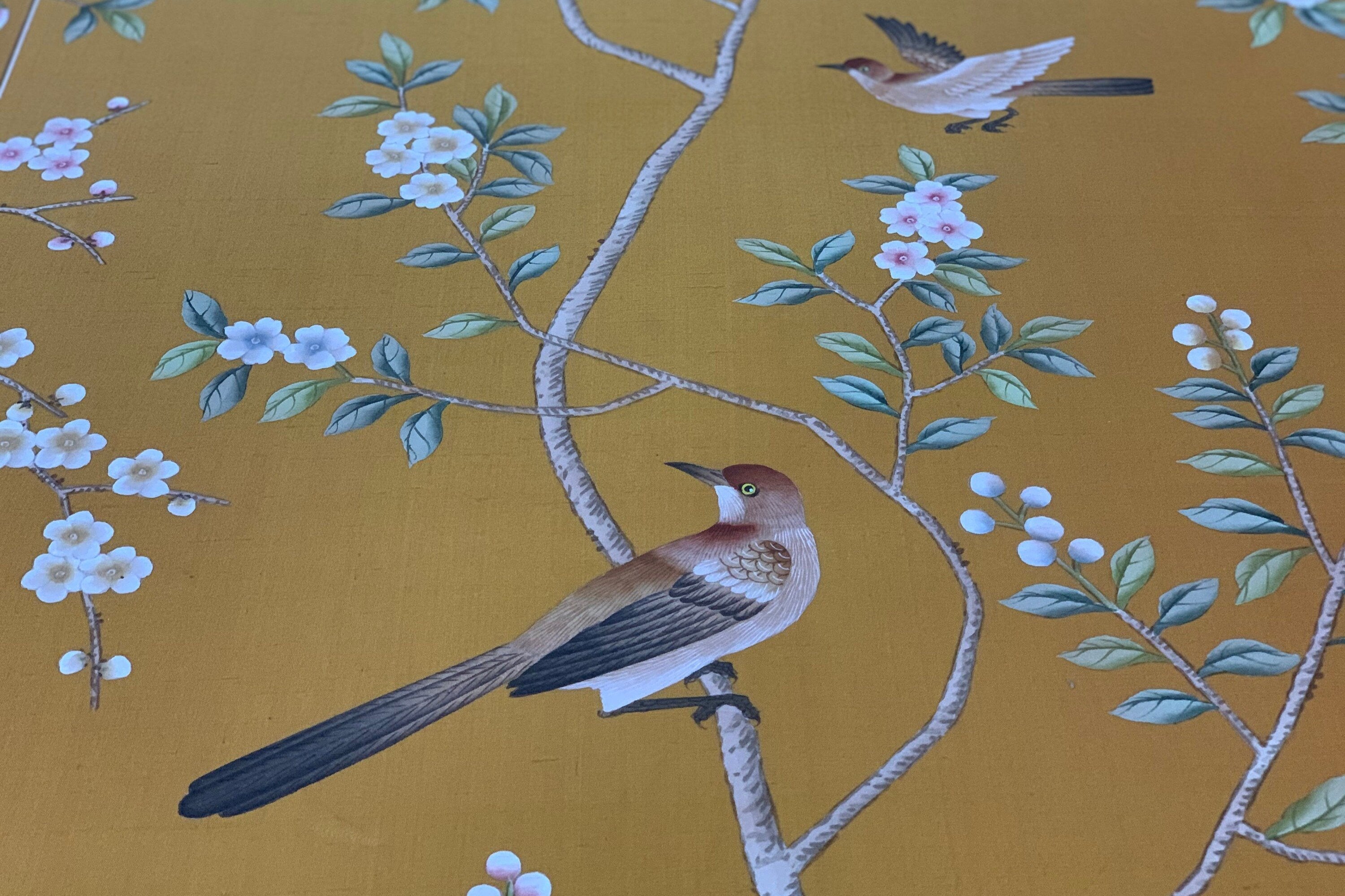 Custom-made Chinoiserie hand-painted wallpaper with intricate floral and bird motifs, tailored to fit any wall size and color scheme.