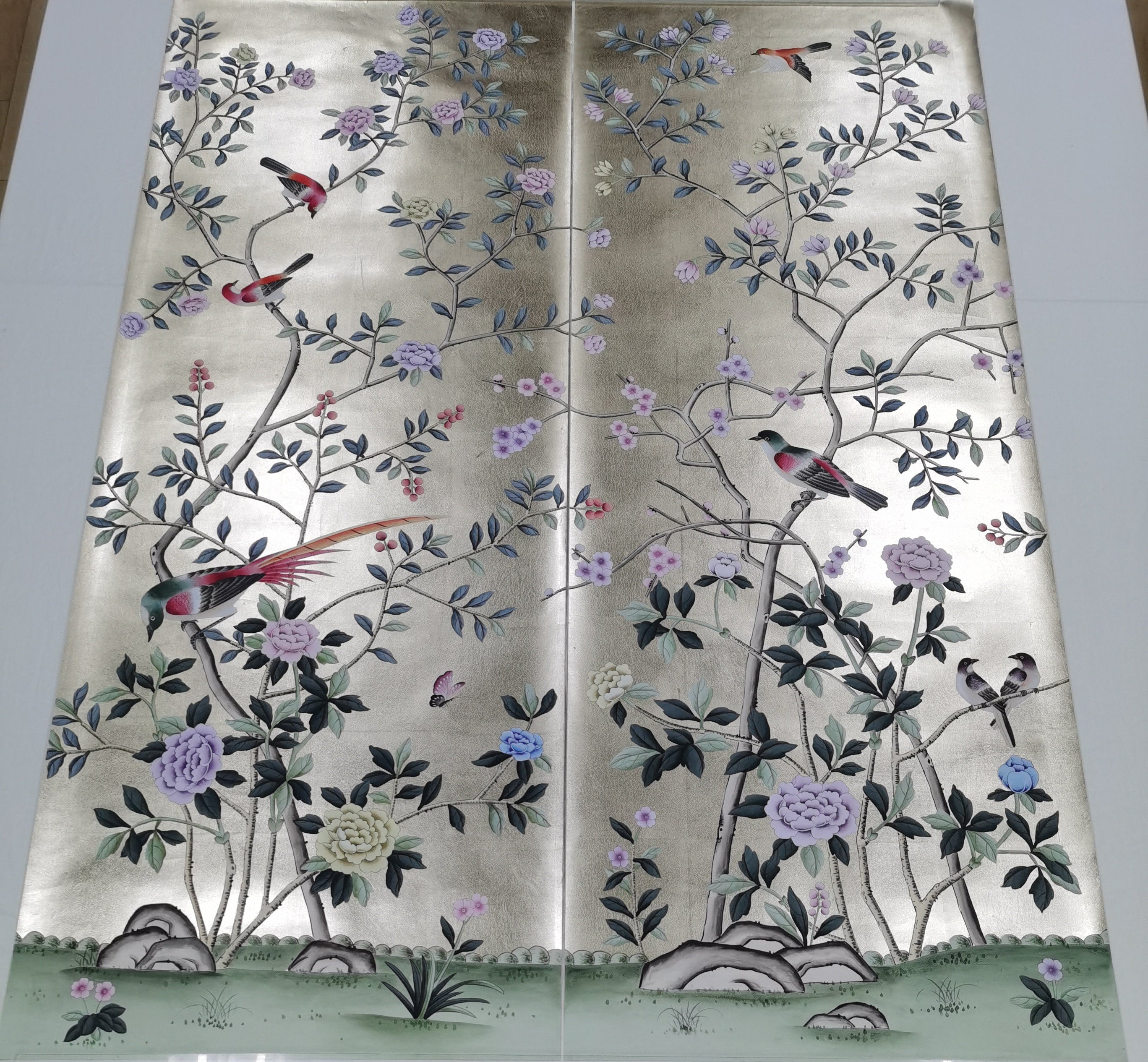 26" x 68" Chinoiserie Handpainted Artwork on Champagne Metallic Leaf without Frame