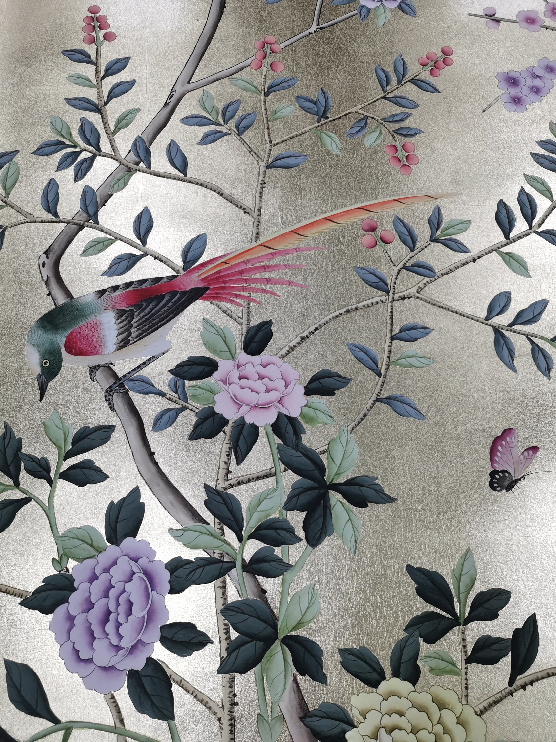 26" x 68" Chinoiserie Handpainted Artwork on Champagne Metallic Leaf without Frame