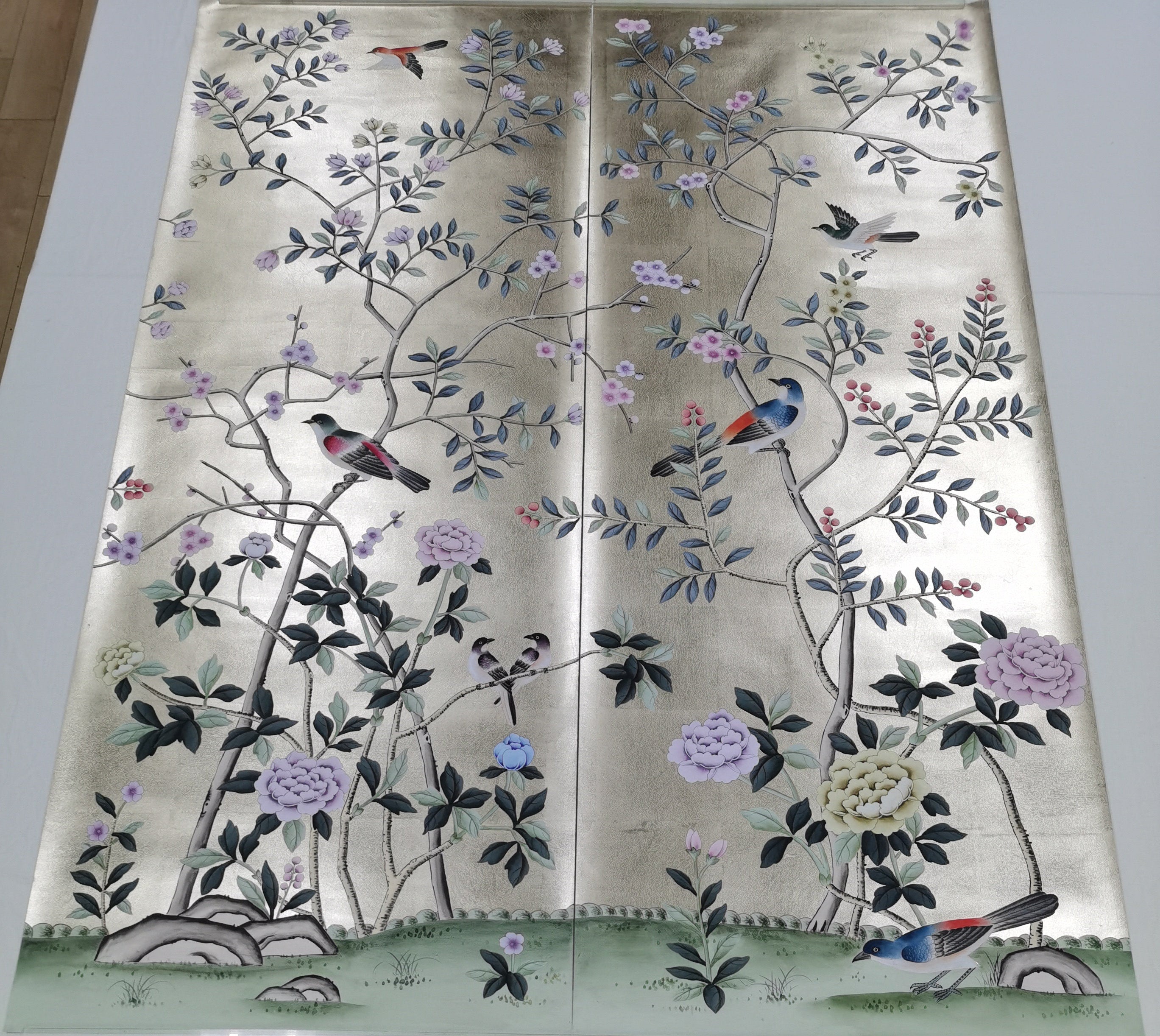 26" x 68" Chinoiserie Handpainted Artwork on Champagne Metallic Leaf without Frame
