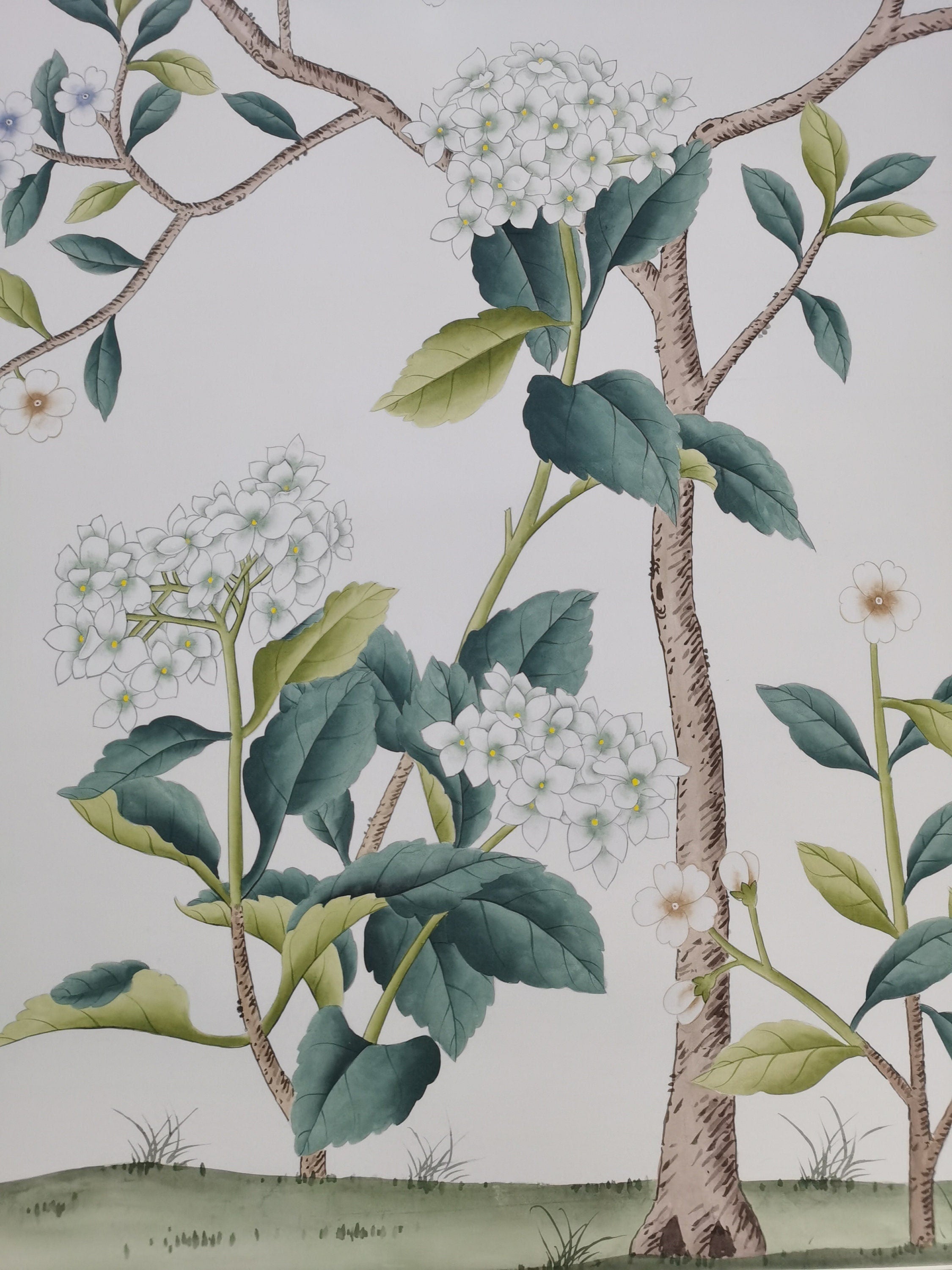 38" x 66" Chinoiserie Handpainted Hydrangea on White Silk SP-3