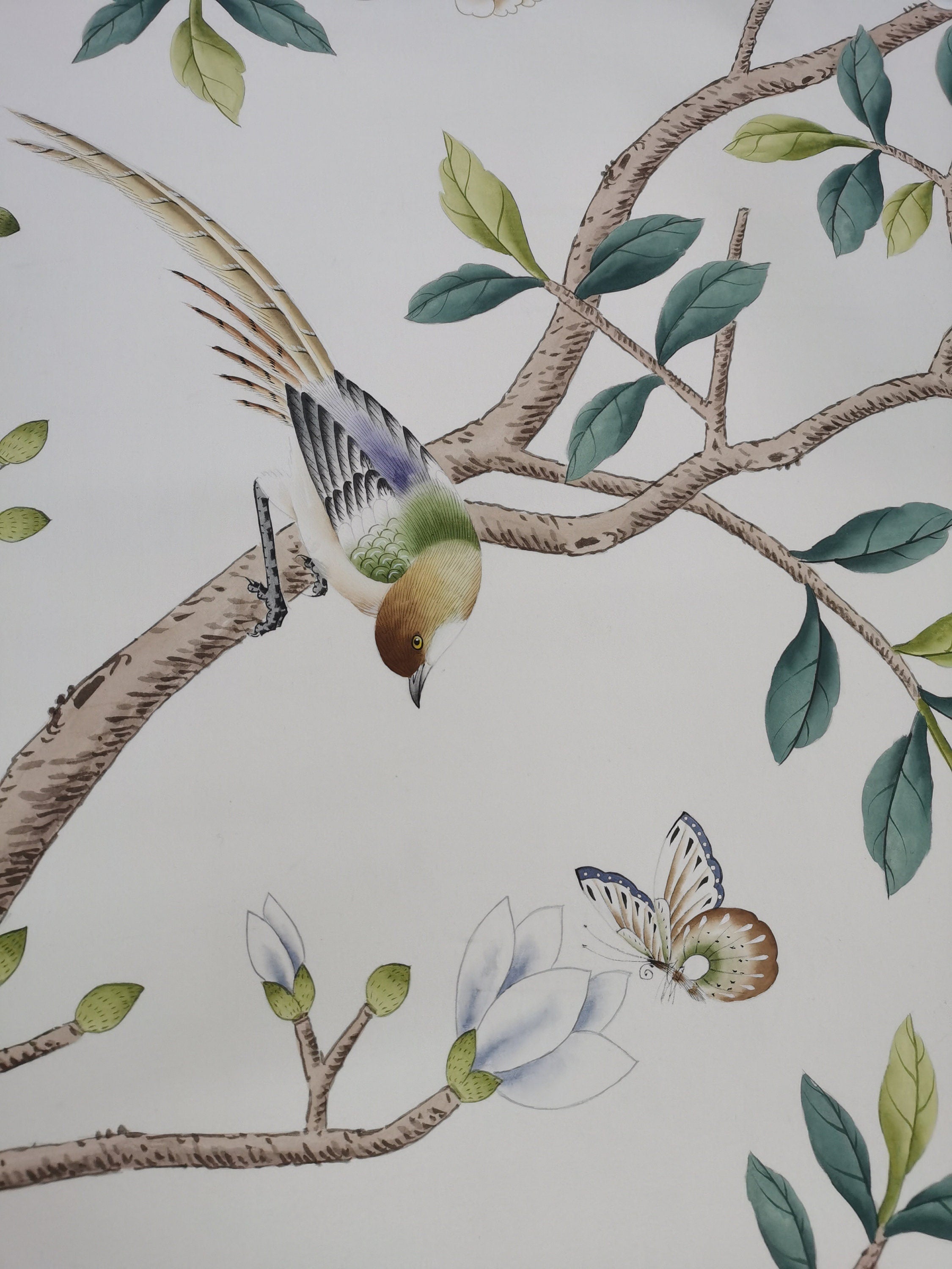 38" x 66" Chinoiserie Handpainted Hydrangea on White Silk SP-3