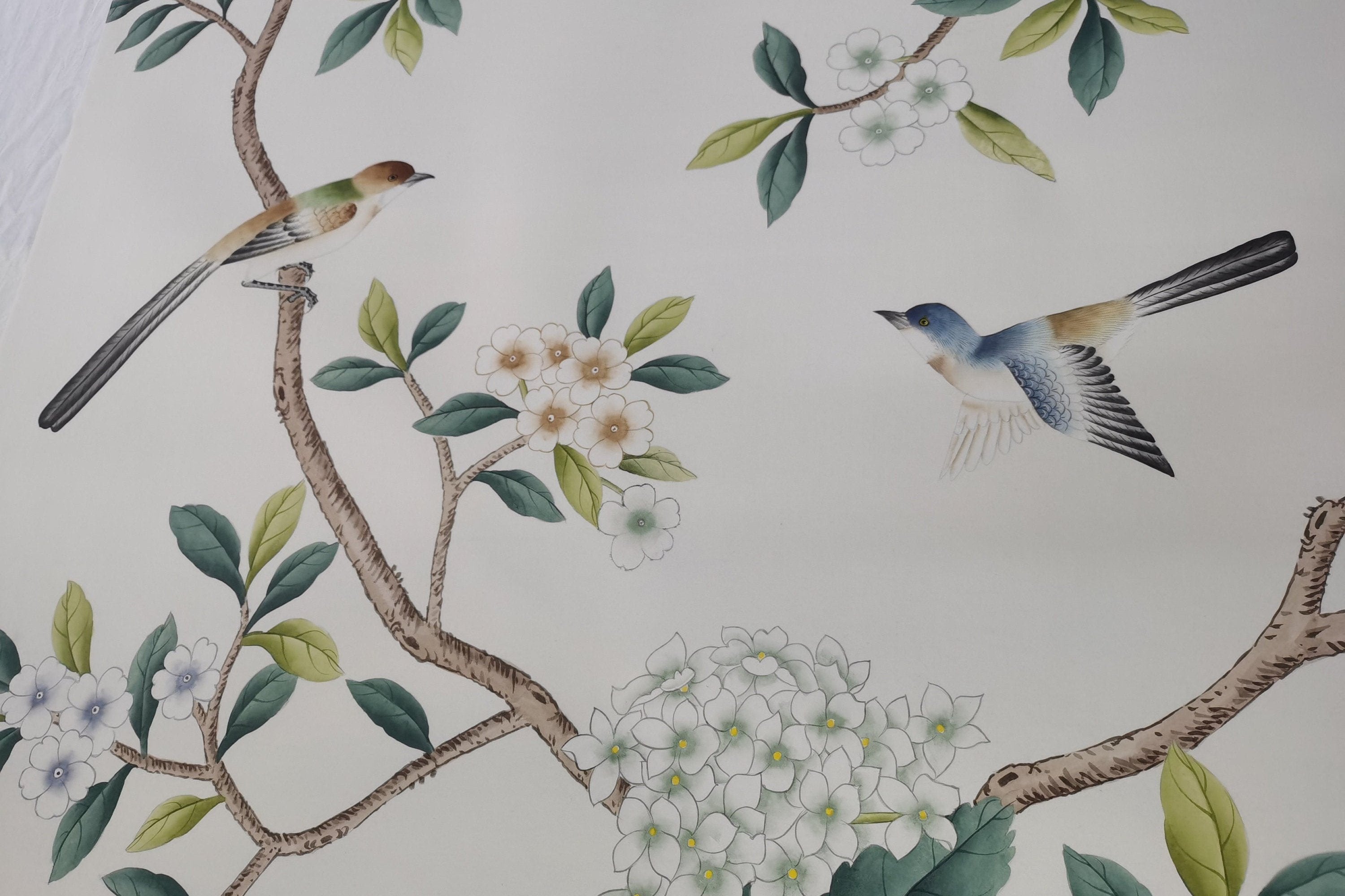 Custom-made Chinoiserie hand-painted wallpaper with intricate floral and bird motifs, tailored to fit any wall size and color scheme.