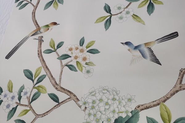 Custom-made Chinoiserie hand-painted wallpaper with intricate floral and bird motifs, tailored to fit any wall size and color scheme.