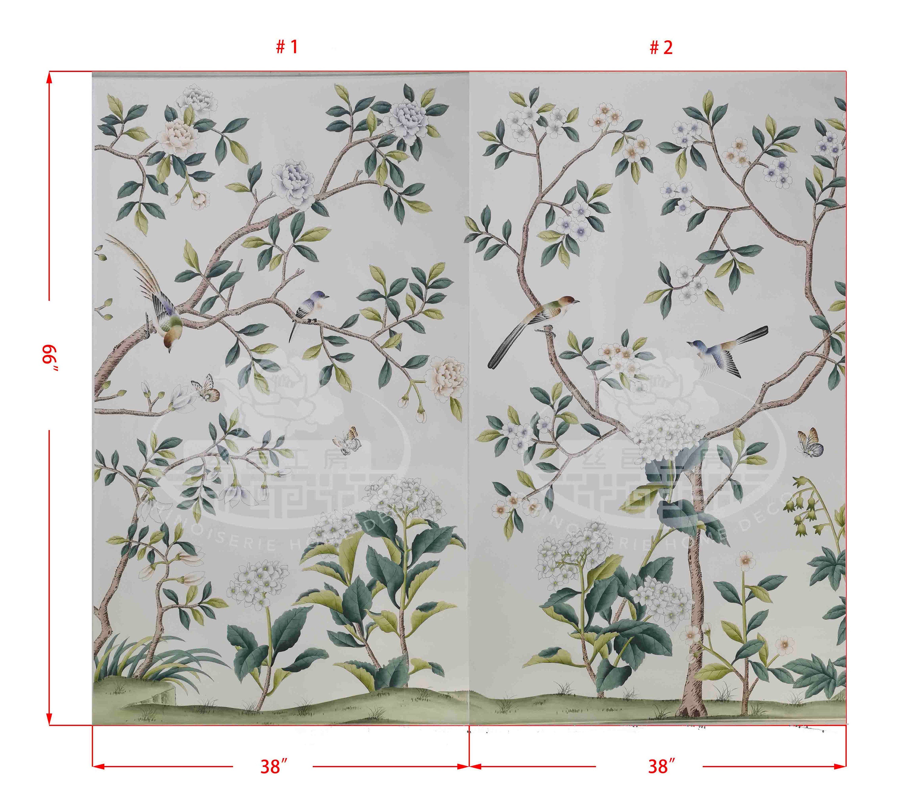 38" x 66" Chinoiserie Handpainted Hydrangea on White Silk SP-3