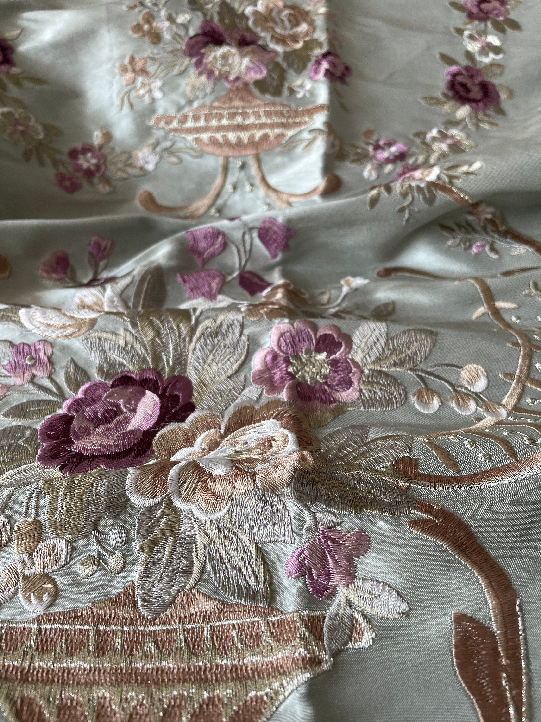 Bouquet: 54" Wide Chinoiserie Embroidered Drapery on Green Silk Doupioni DP-22