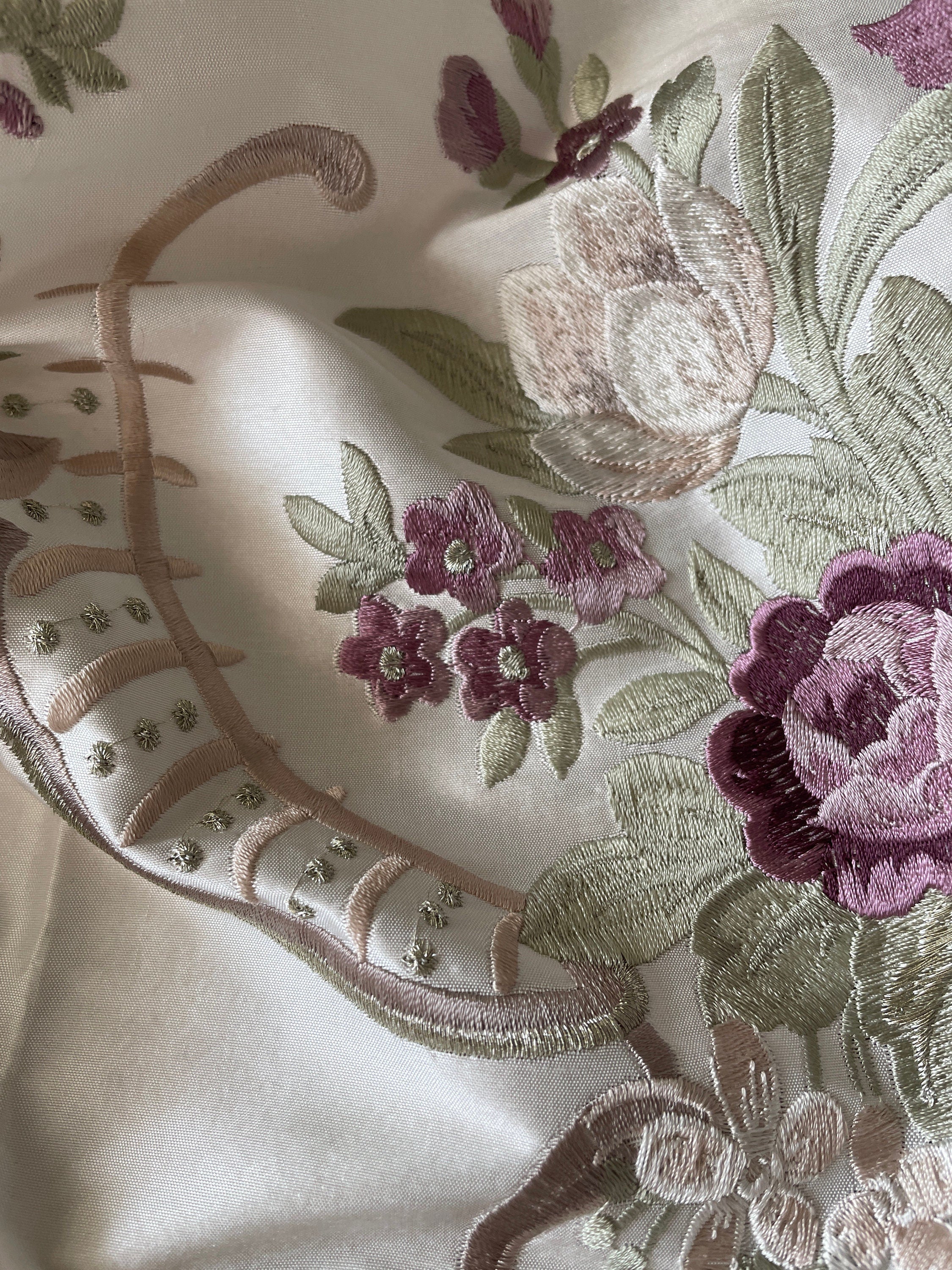 Bouquet: 54" Chinoiserie Embroidered Drapery on White Silk Doupioni DP-1
