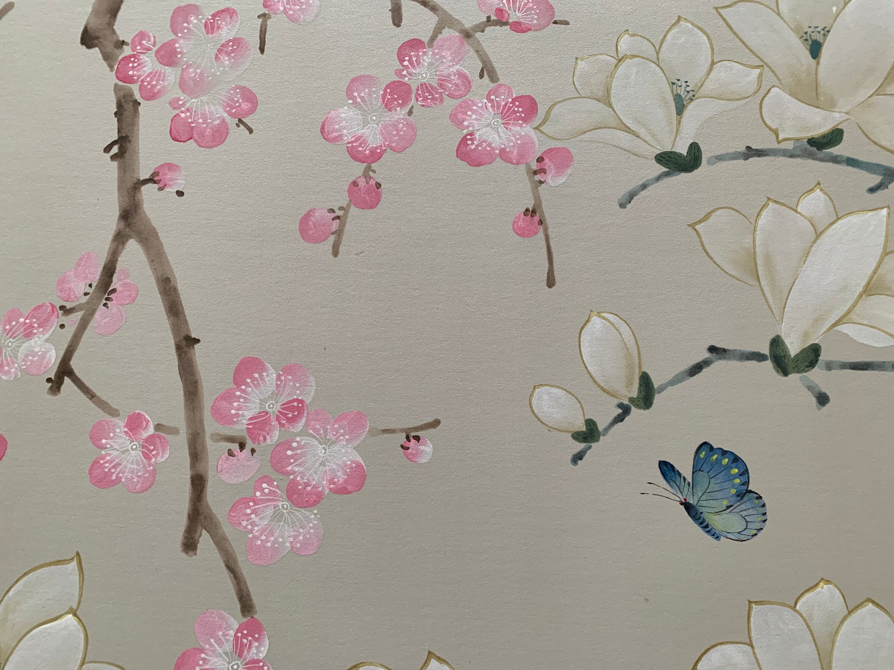 75”x 31” Chinoiserie Handpainted Artwork on Light Grey Spun Silk SP-15