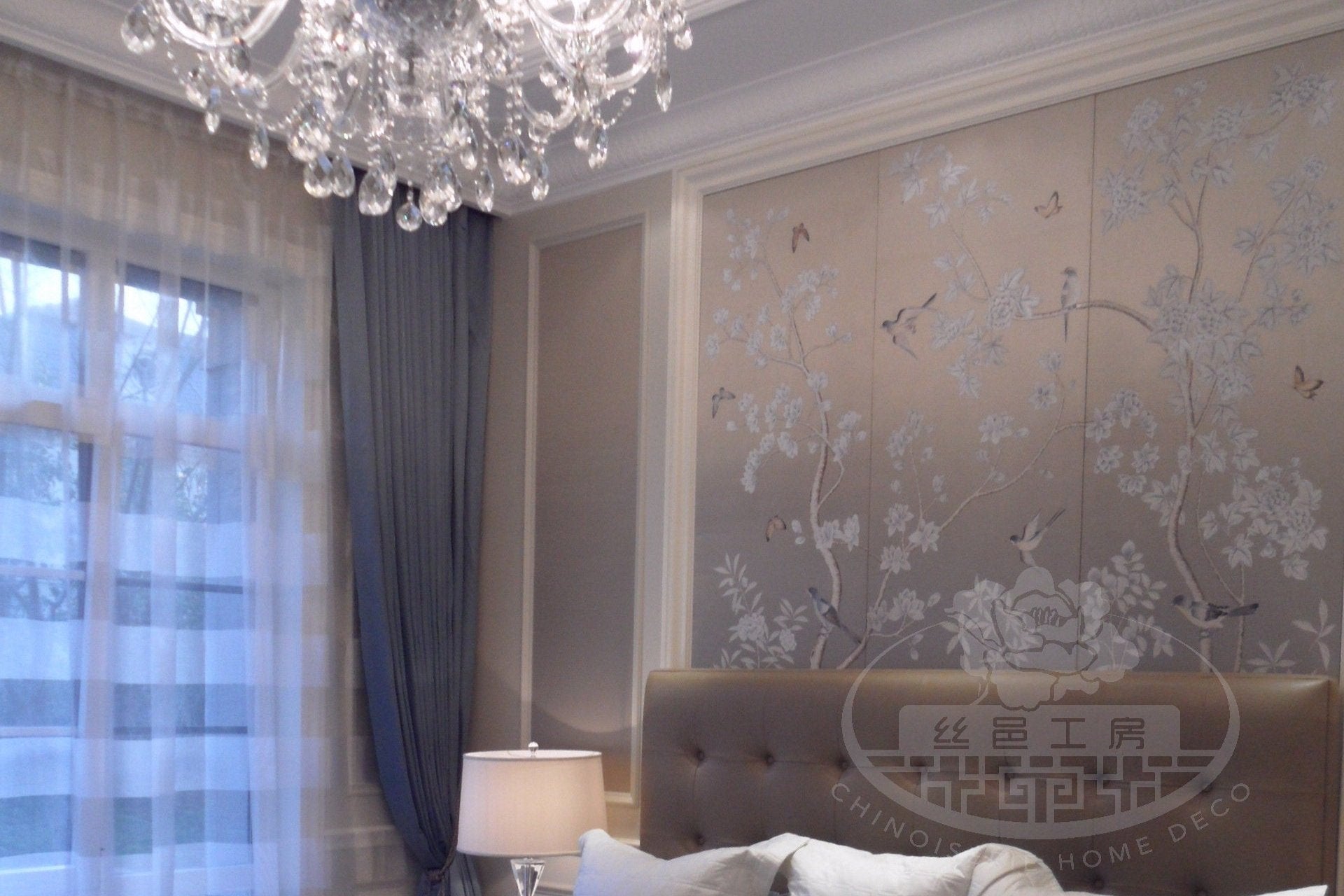 Custom-made Chinoiserie hand-painted wallpaper with intricate floral and bird motifs, tailored to fit any wall size and color scheme.
