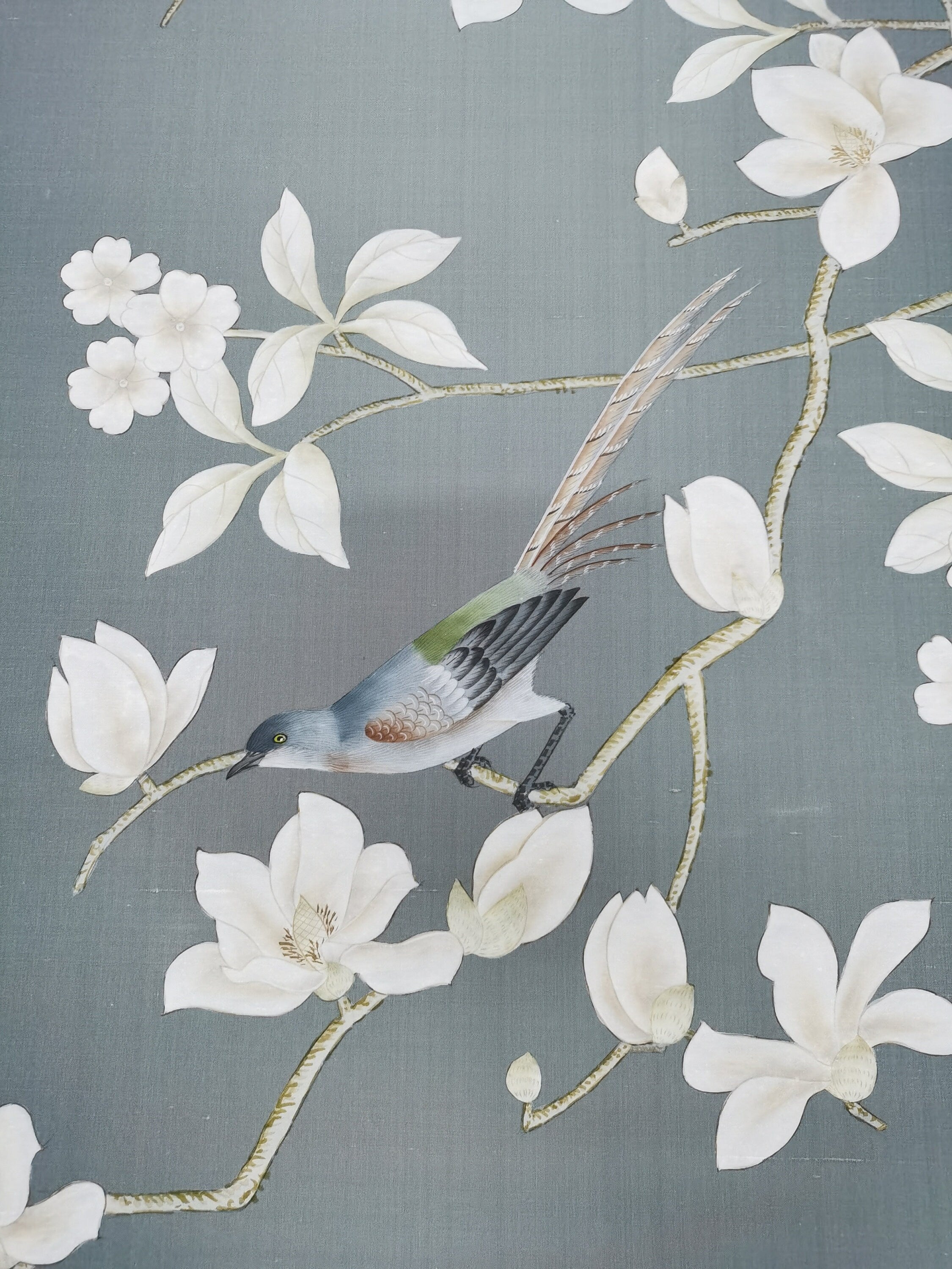 26" x 42" Chinoiserie Handpainted Artwork on Blue Slub Silk DP-26