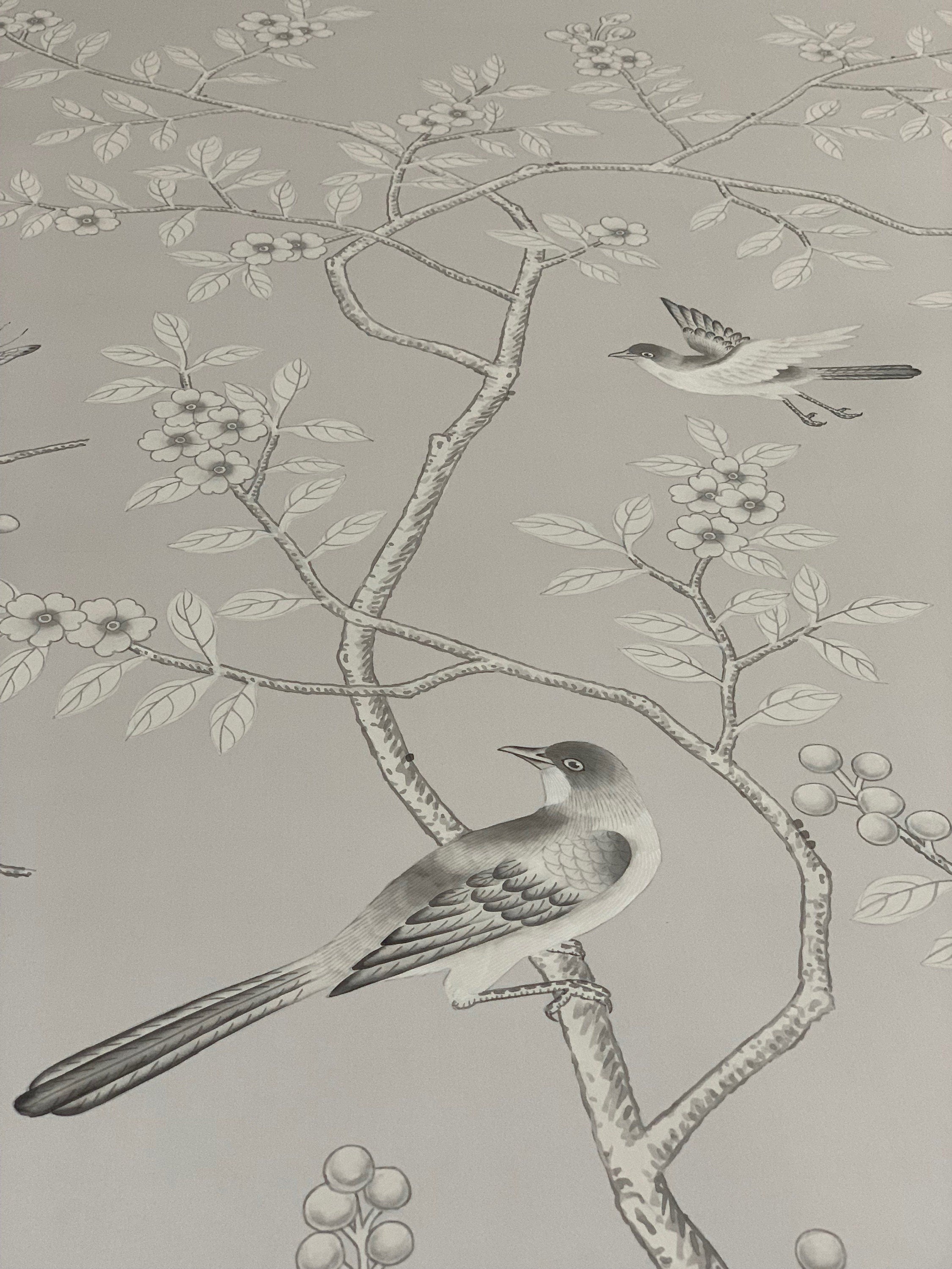 36“ x 72" Chinoiserie Handpainted Artwork on Light Gray Spun Silk SP-15