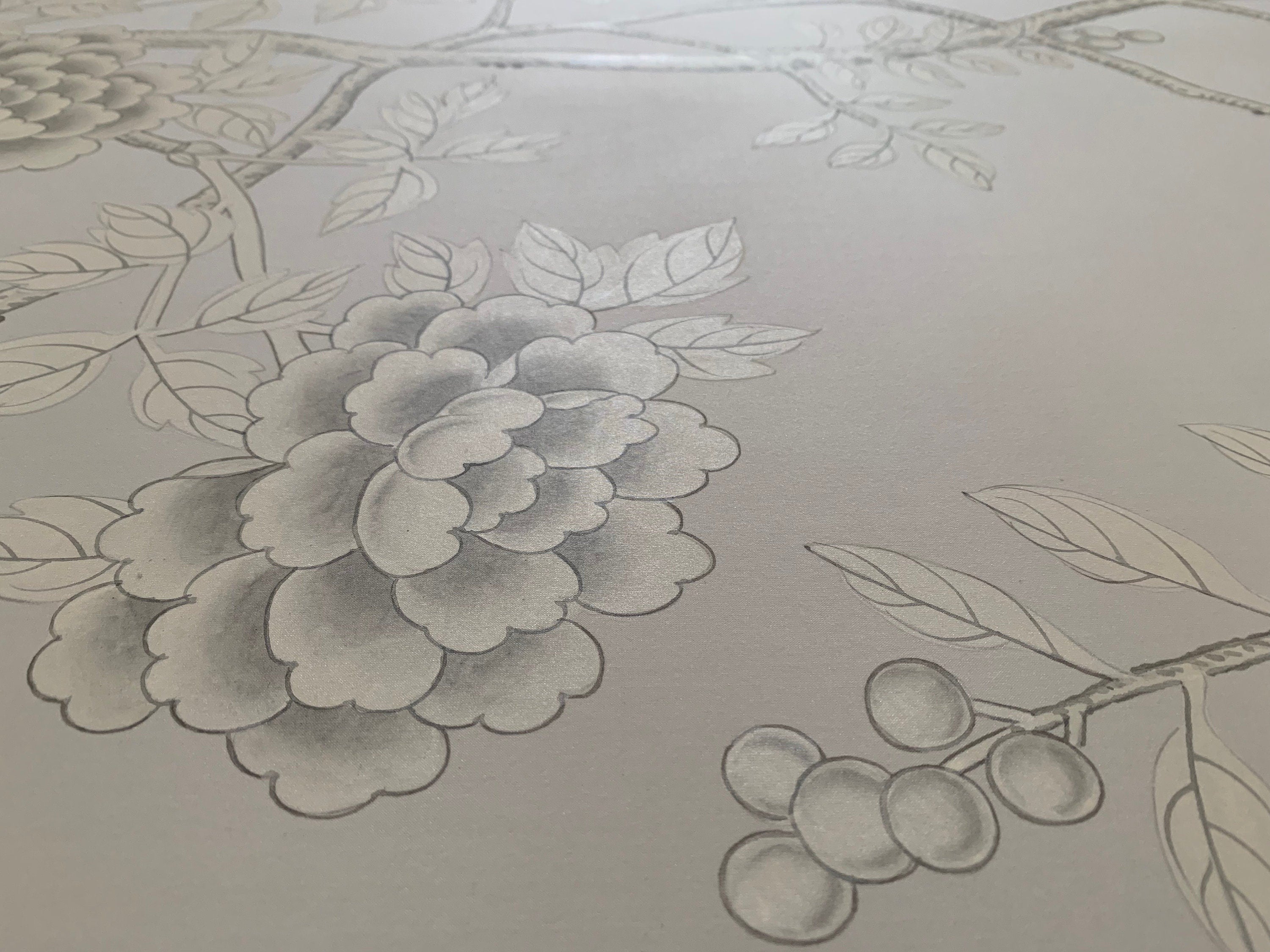 36“ x 72" Chinoiserie Handpainted Artwork on Light Gray Spun Silk SP-15