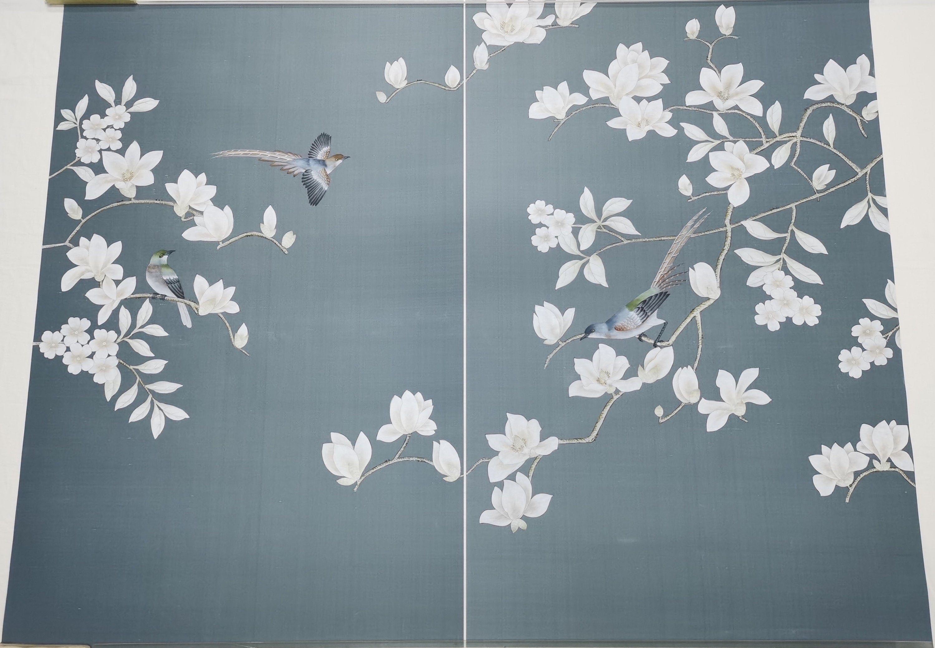 26" x 42" Chinoiserie Handpainted Artwork on Blue Slub Silk DP-26