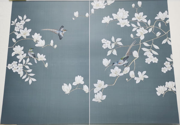 26" x 42" Chinoiserie Handpainted Artwork on Blue Slub Silk DP-26