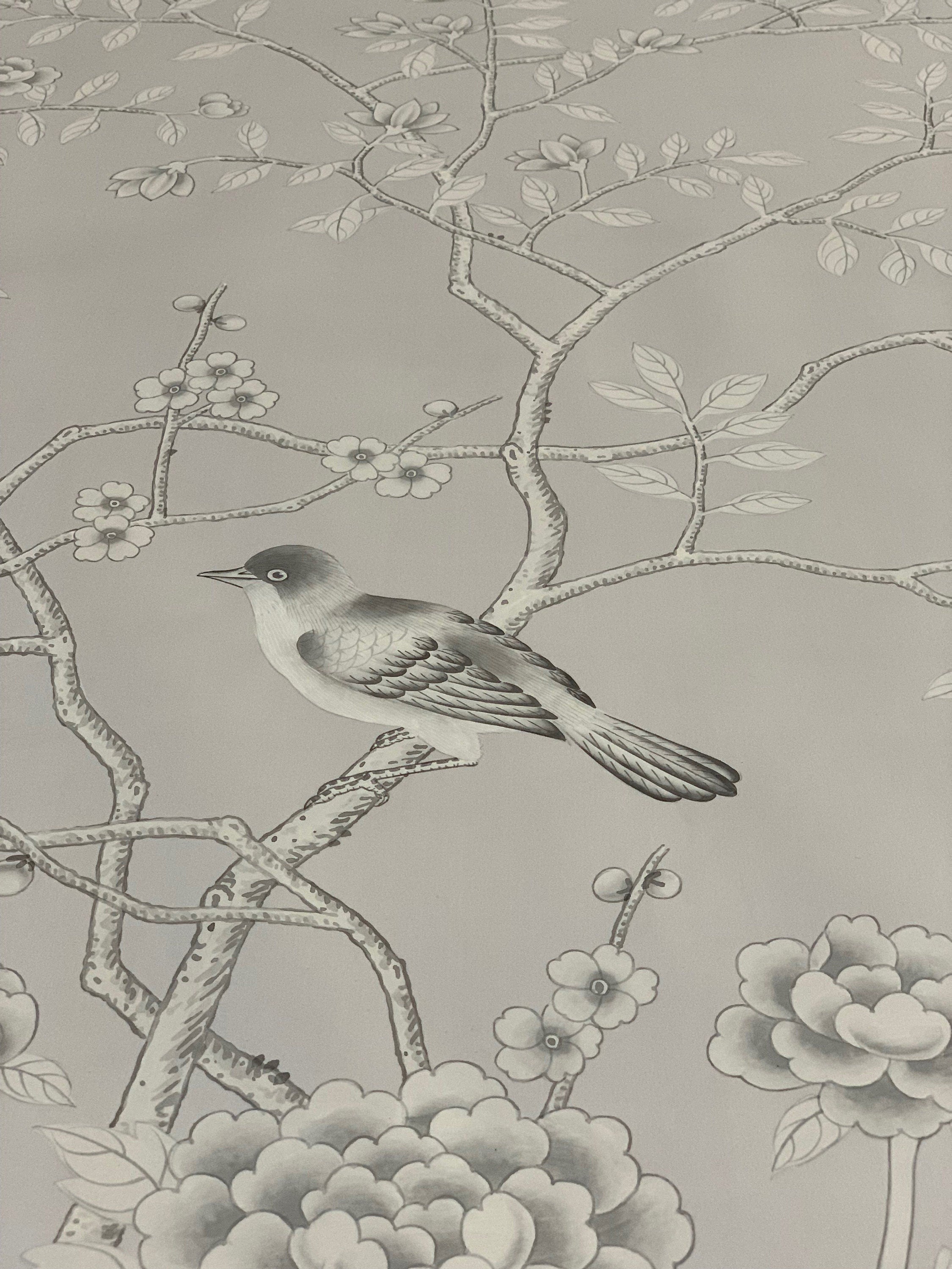 36“ x 72" Chinoiserie Handpainted Artwork on Light Gray Spun Silk SP-15