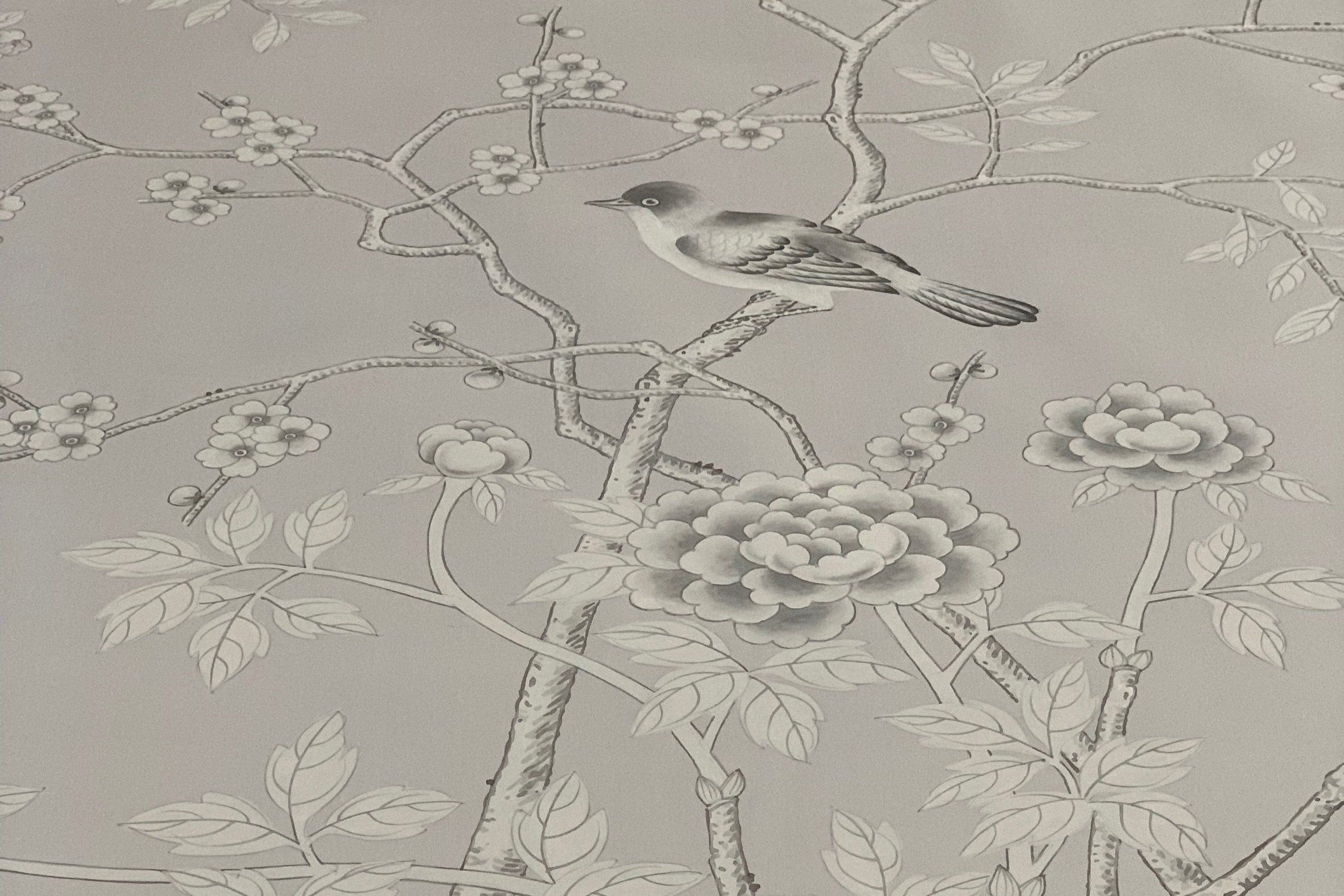 Custom-made Chinoiserie hand-painted wallpaper with intricate floral and bird motifs, tailored to fit any wall size and color scheme.
