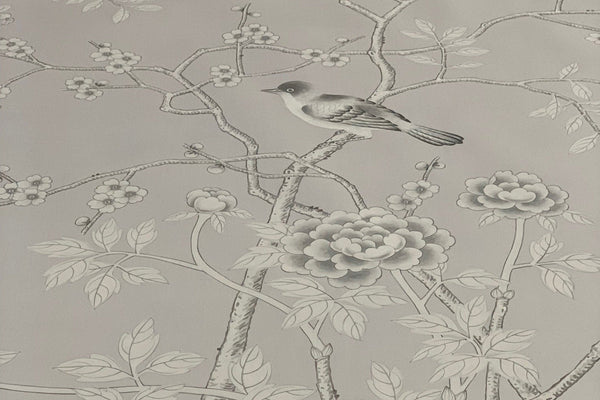 Custom-made Chinoiserie hand-painted wallpaper with intricate floral and bird motifs, tailored to fit any wall size and color scheme.