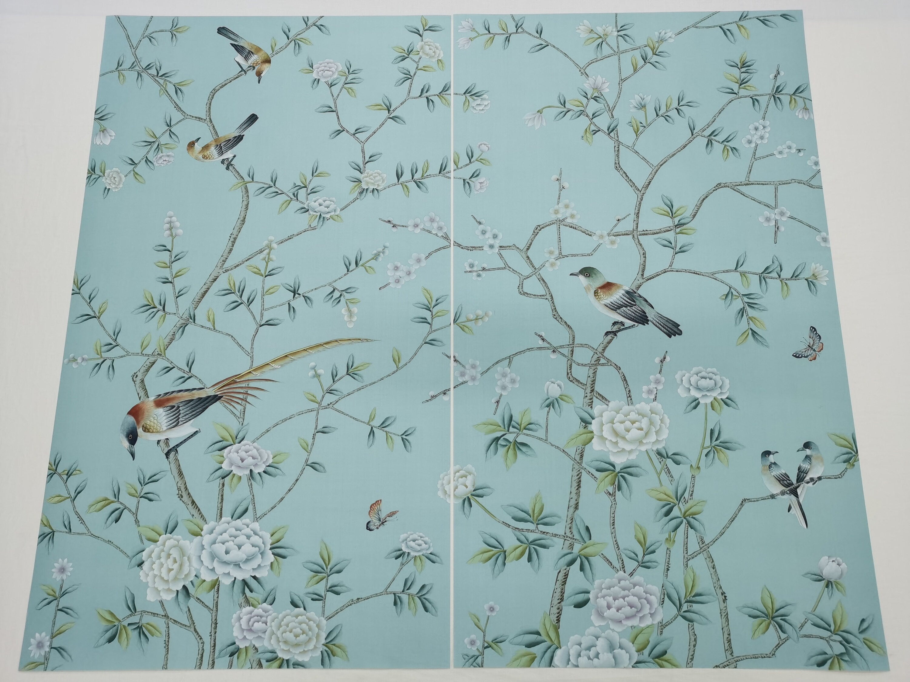 24" x 42" Chinoiserie Handpainted Artwork on Duckegg Blue Spun Silk SP-35