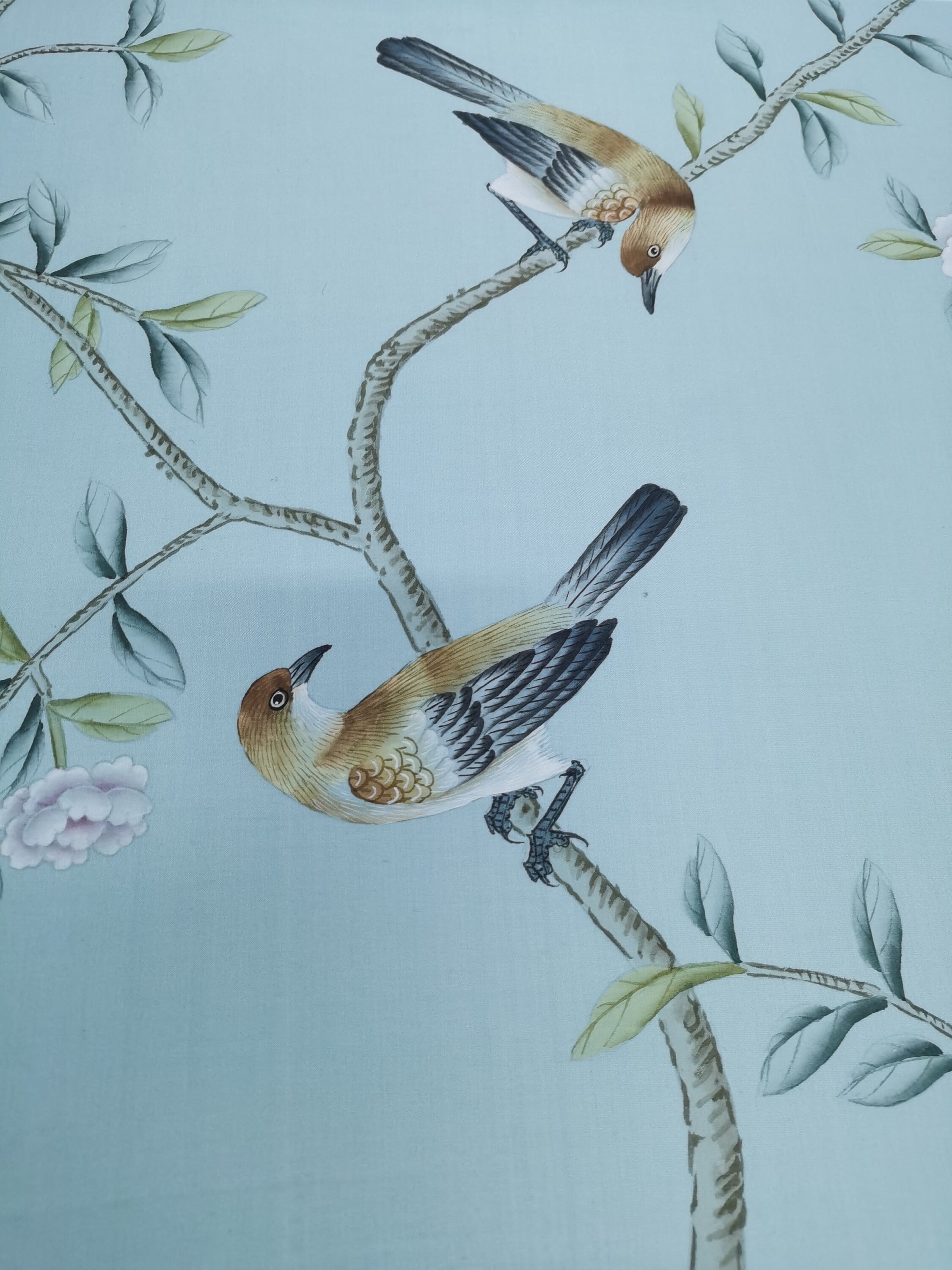24" x 42" Chinoiserie Handpainted Artwork on Duckegg Blue Spun Silk SP-35