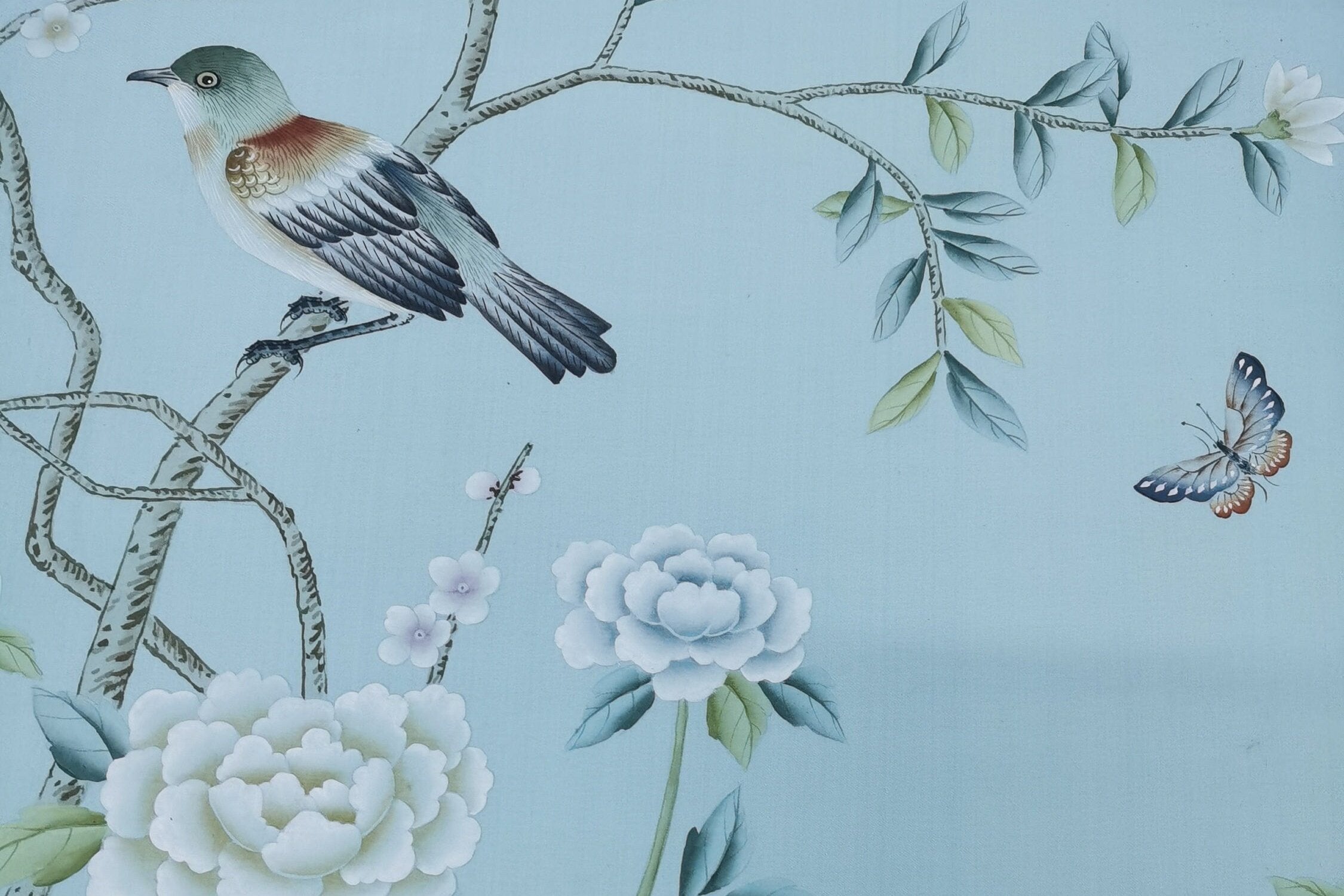 Custom-made Chinoiserie hand-painted wallpaper with intricate floral and bird motifs, tailored to fit any wall size and color scheme.