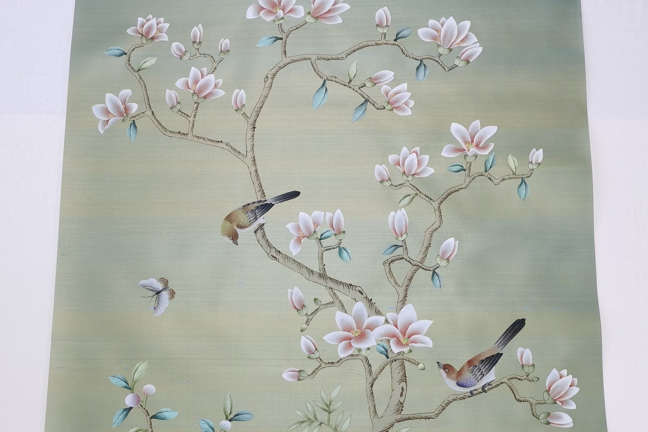 Custom-made Chinoiserie hand-painted wallpaper with intricate floral and bird motifs, tailored to fit any wall size and color scheme.