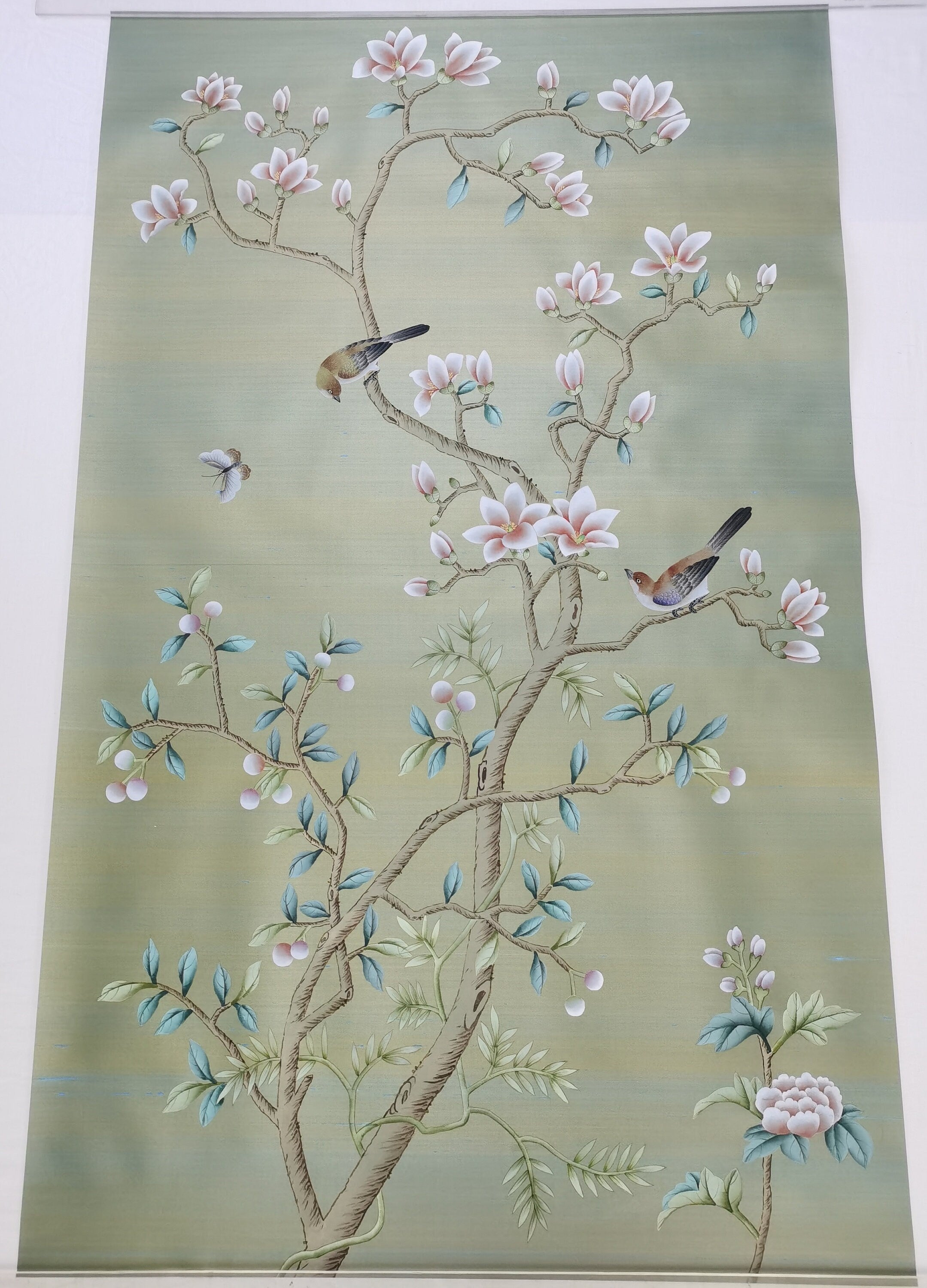 32" x 52" Chinoiserie Handpainted Artwork on Blue Silk on Gold Paper CS-4