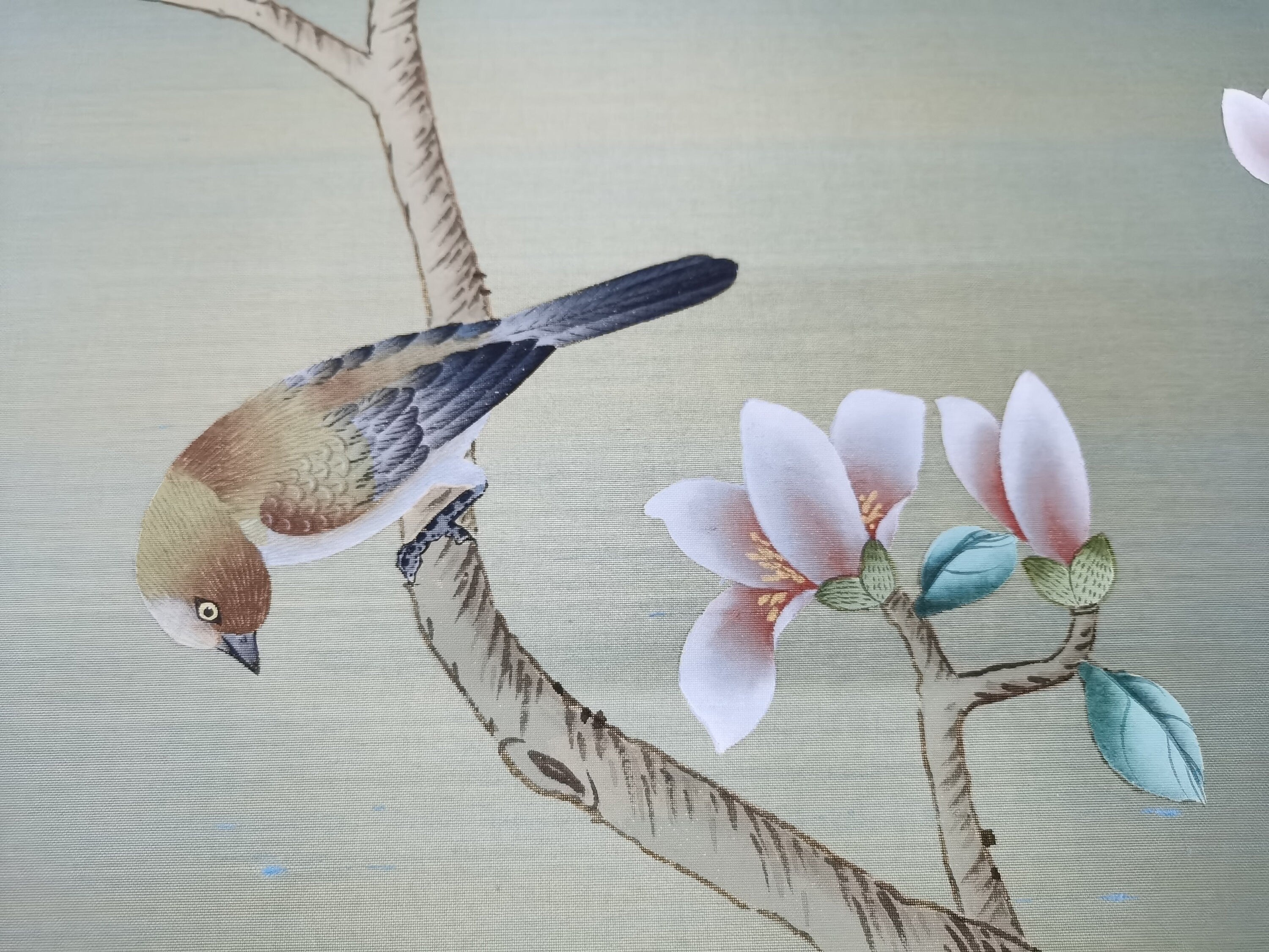 32" x 52" Chinoiserie Handpainted Artwork on Blue Silk on Gold Paper CS-4
