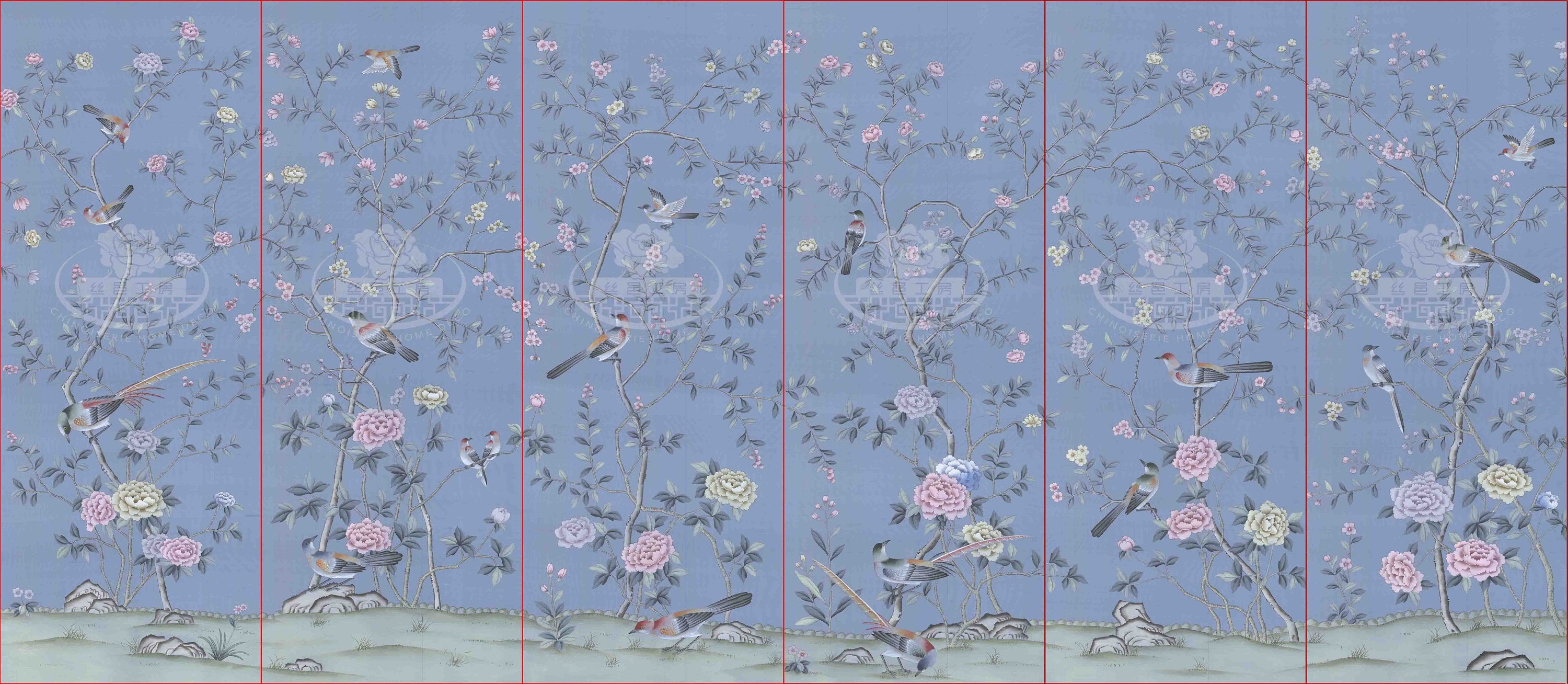 26" x 68" Chinoiserie Handpainted Artwork on Blue Slub Silk DP-44