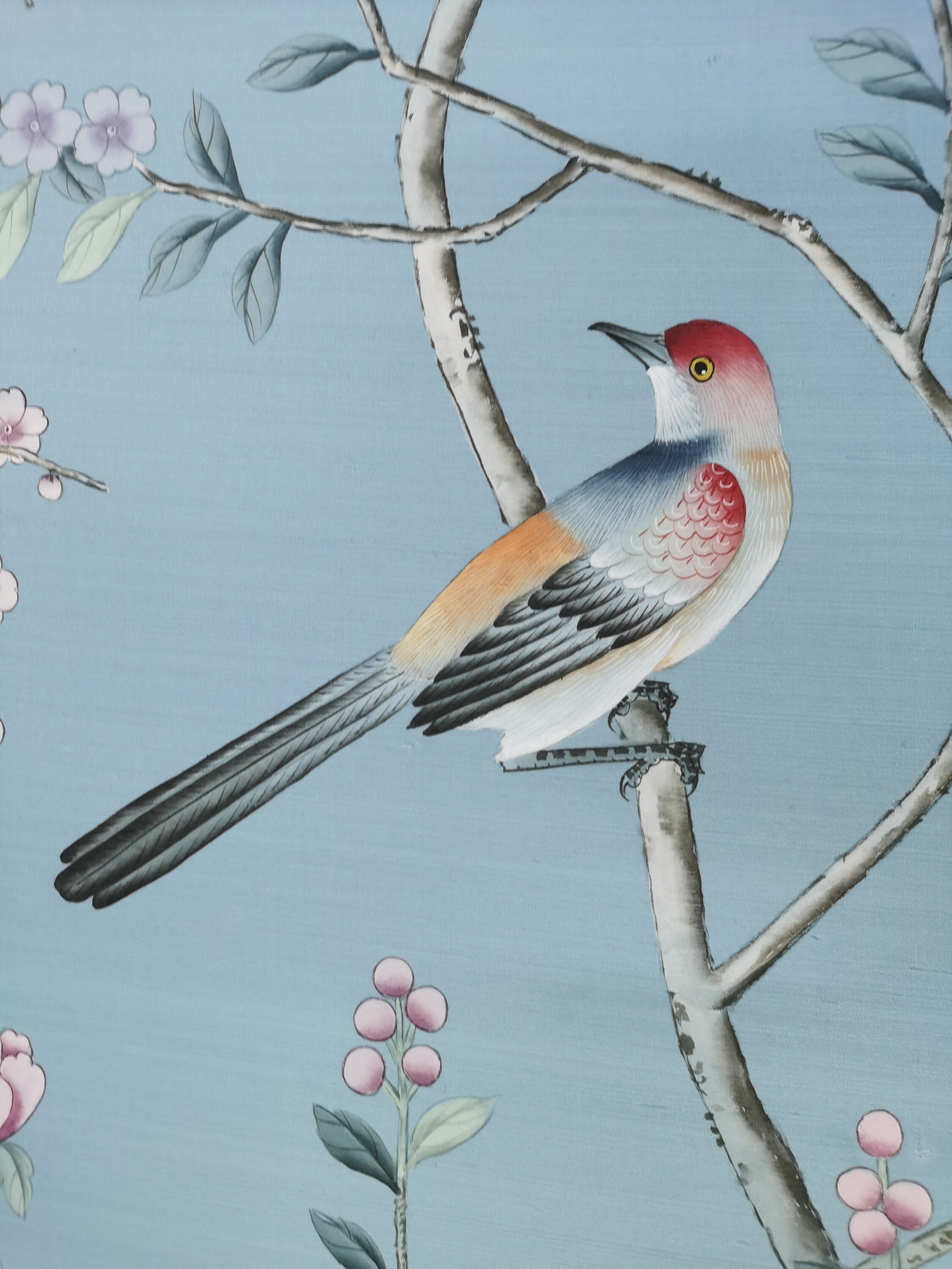 26" x 68" Chinoiserie Handpainted Artwork on Blue Slub Silk DP-44