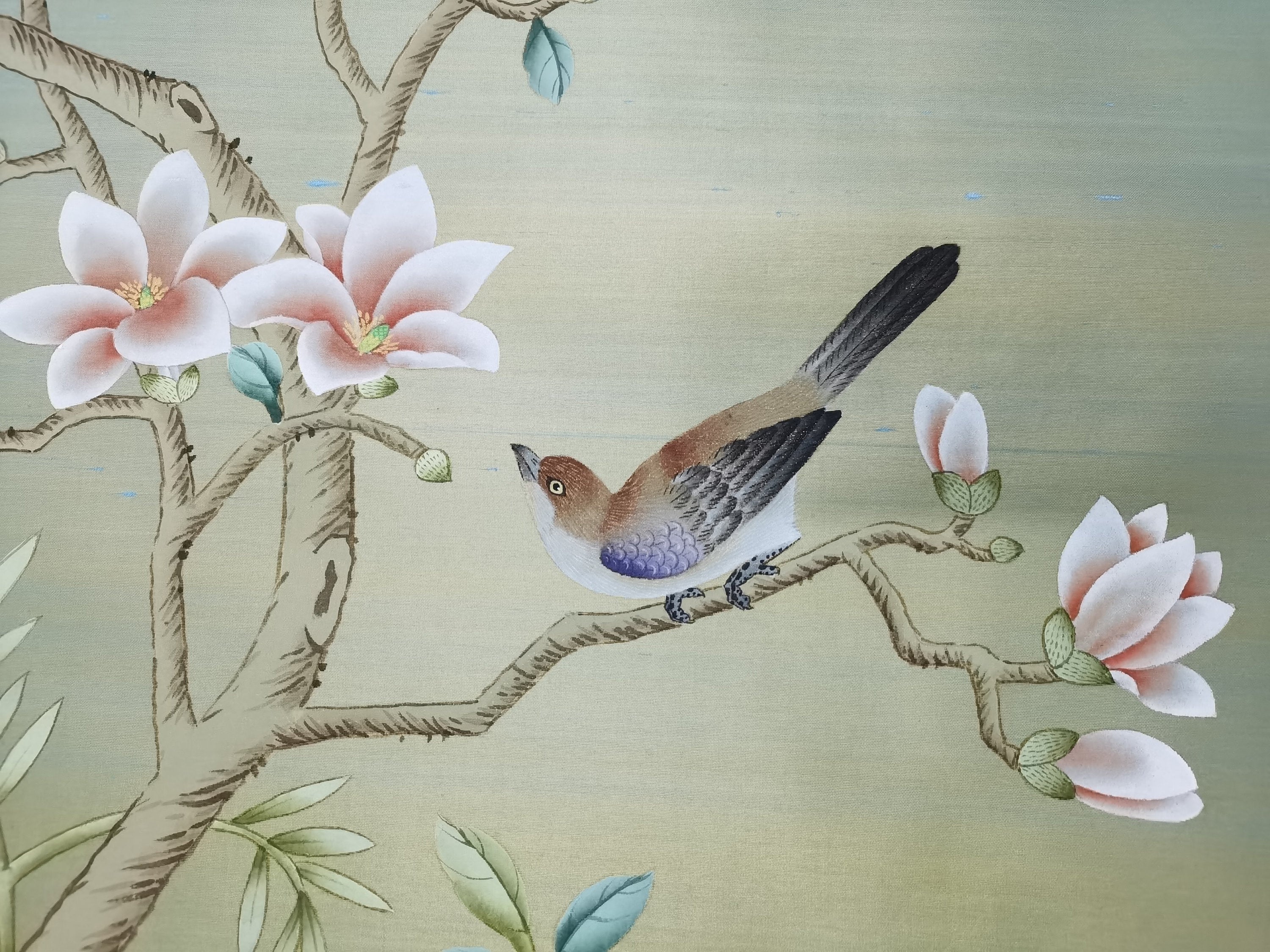 32" x 52" Chinoiserie Handpainted Artwork on Blue Silk on Gold Paper CS-4