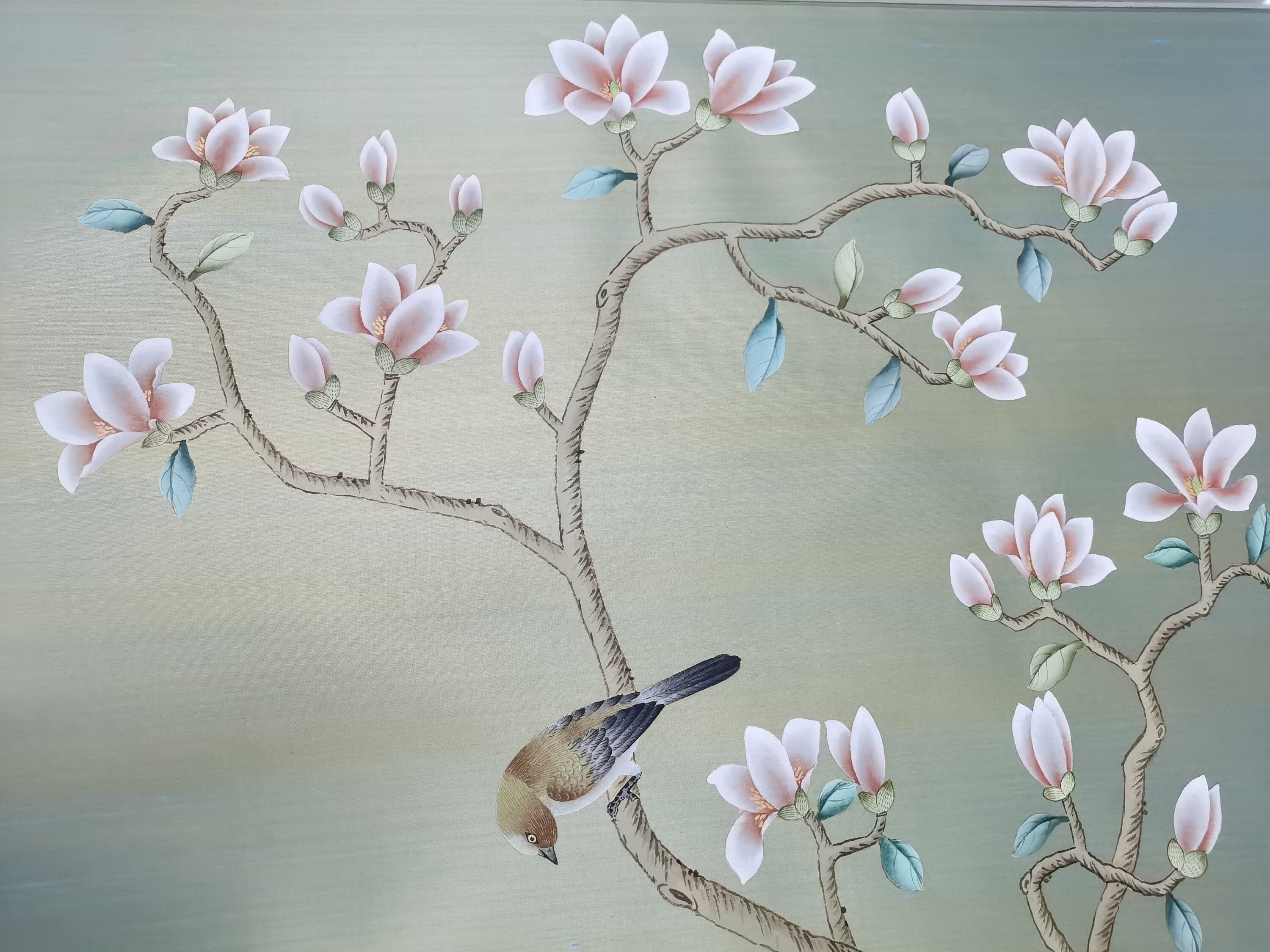 32" x 52" Chinoiserie Handpainted Artwork on Blue Silk on Gold Paper CS-4