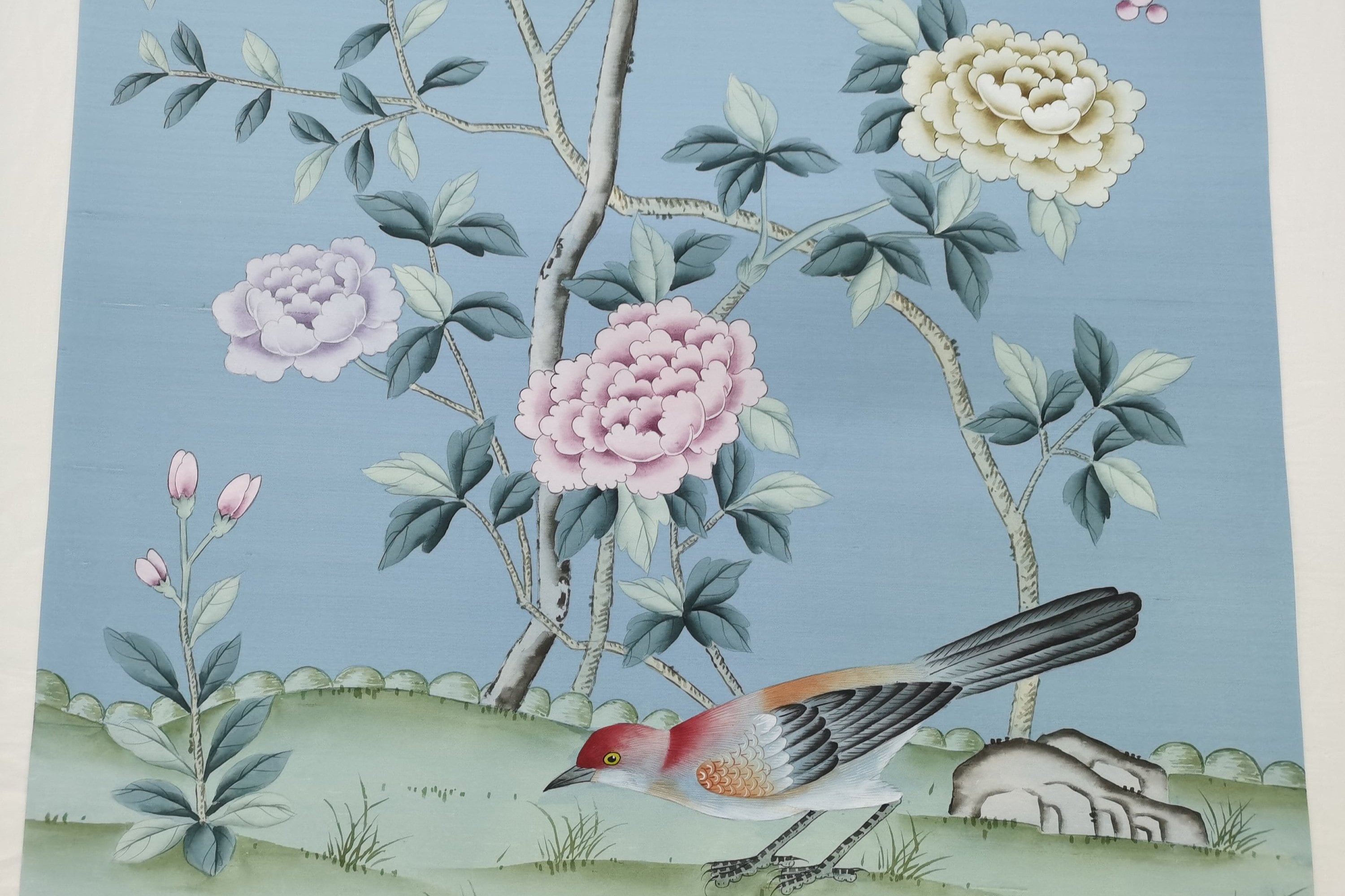 Custom-made Chinoiserie hand-painted wallpaper with intricate floral and bird motifs, tailored to fit any wall size and color scheme.