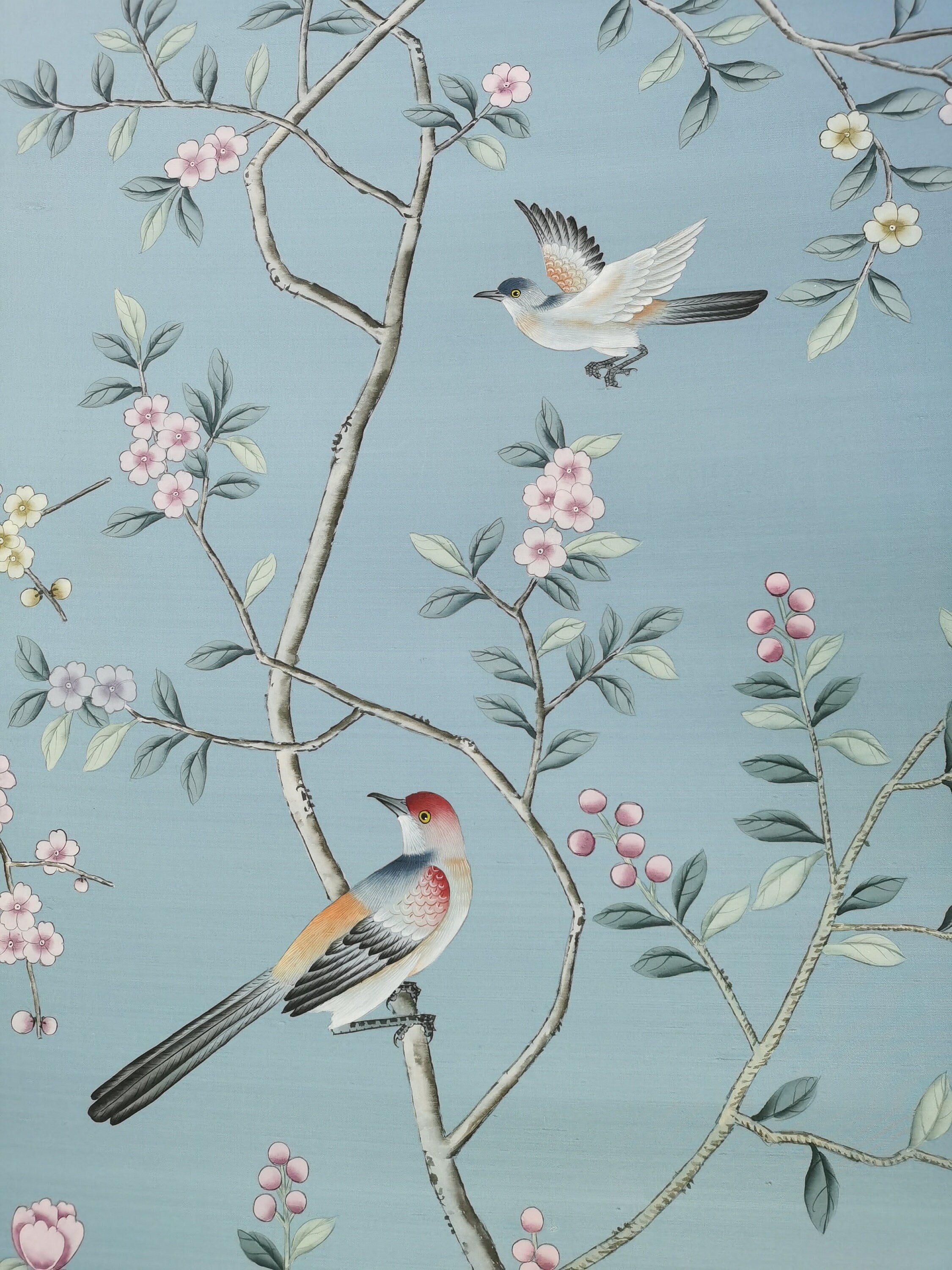 26" x 68" Chinoiserie Handpainted Artwork on Blue Slub Silk DP-44
