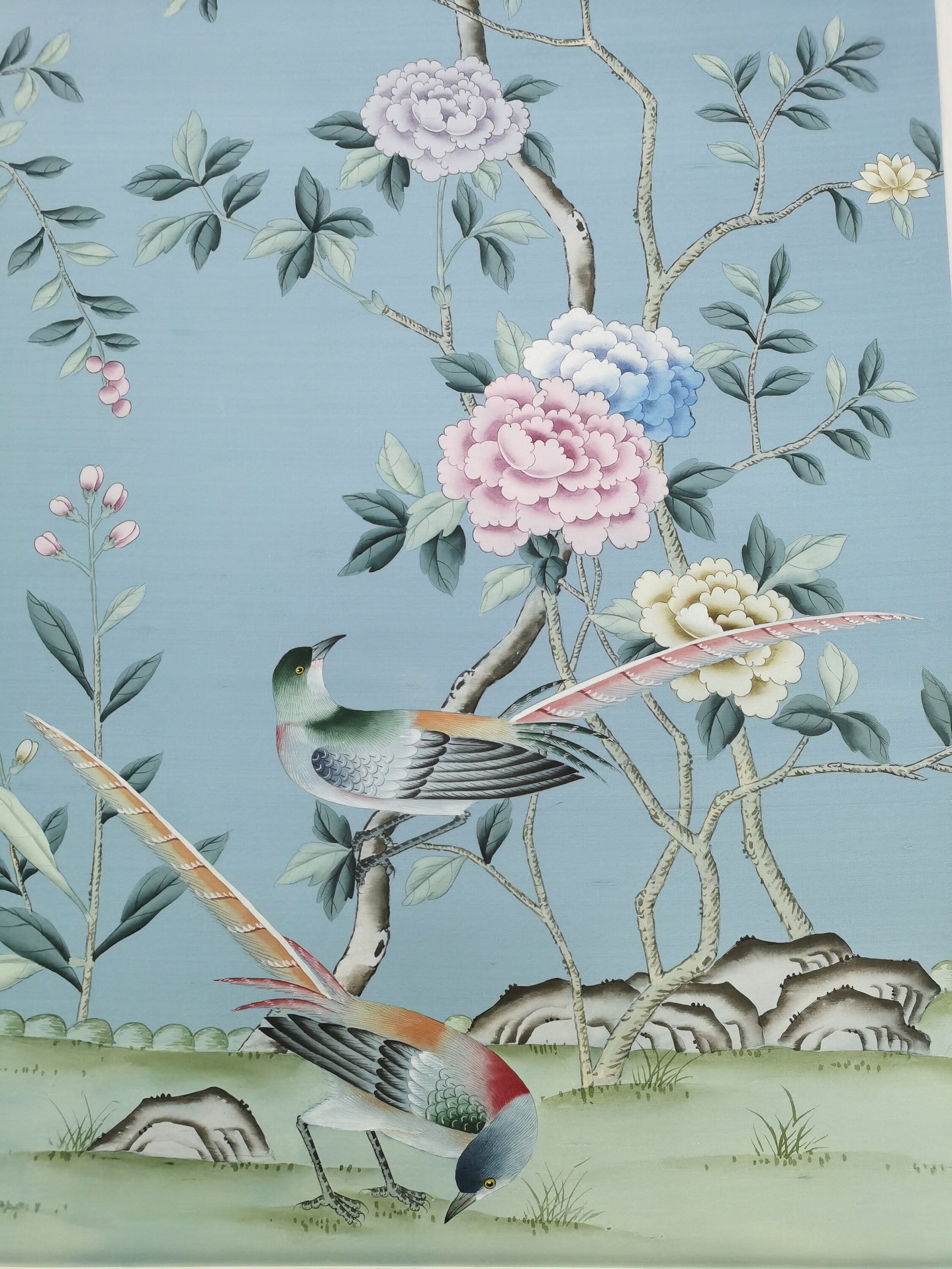 26" x 68" Chinoiserie Handpainted Artwork on Blue Slub Silk DP-44