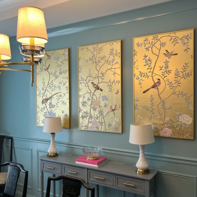 A triptych of 24" x 42" Chinoiserie Handpainted Artwork on Gold Metallic Leaf ML-24 without Frame