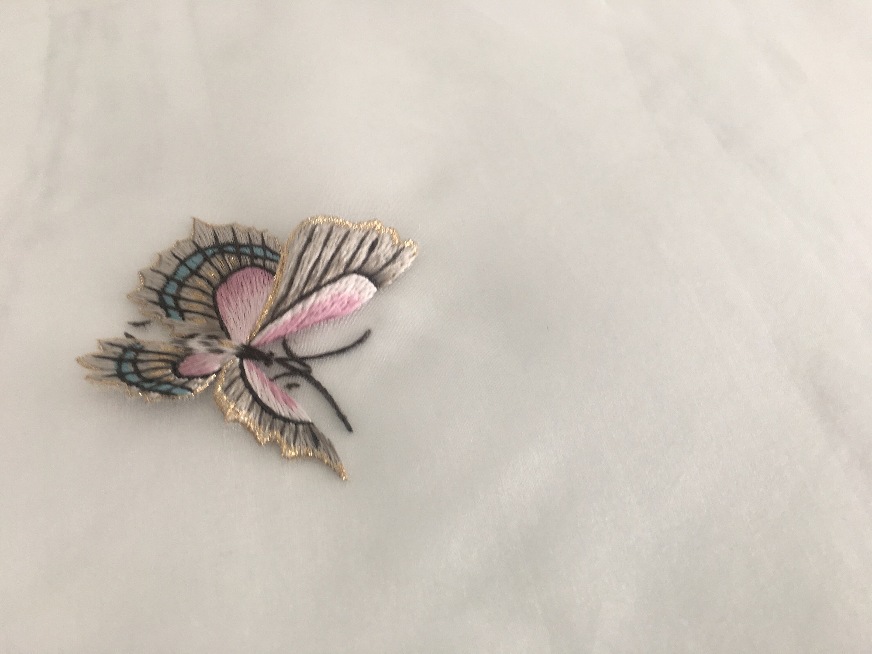 Double Sided Handpainted Magnolia and Butterfly on Silk Organza with Hand Embroidery