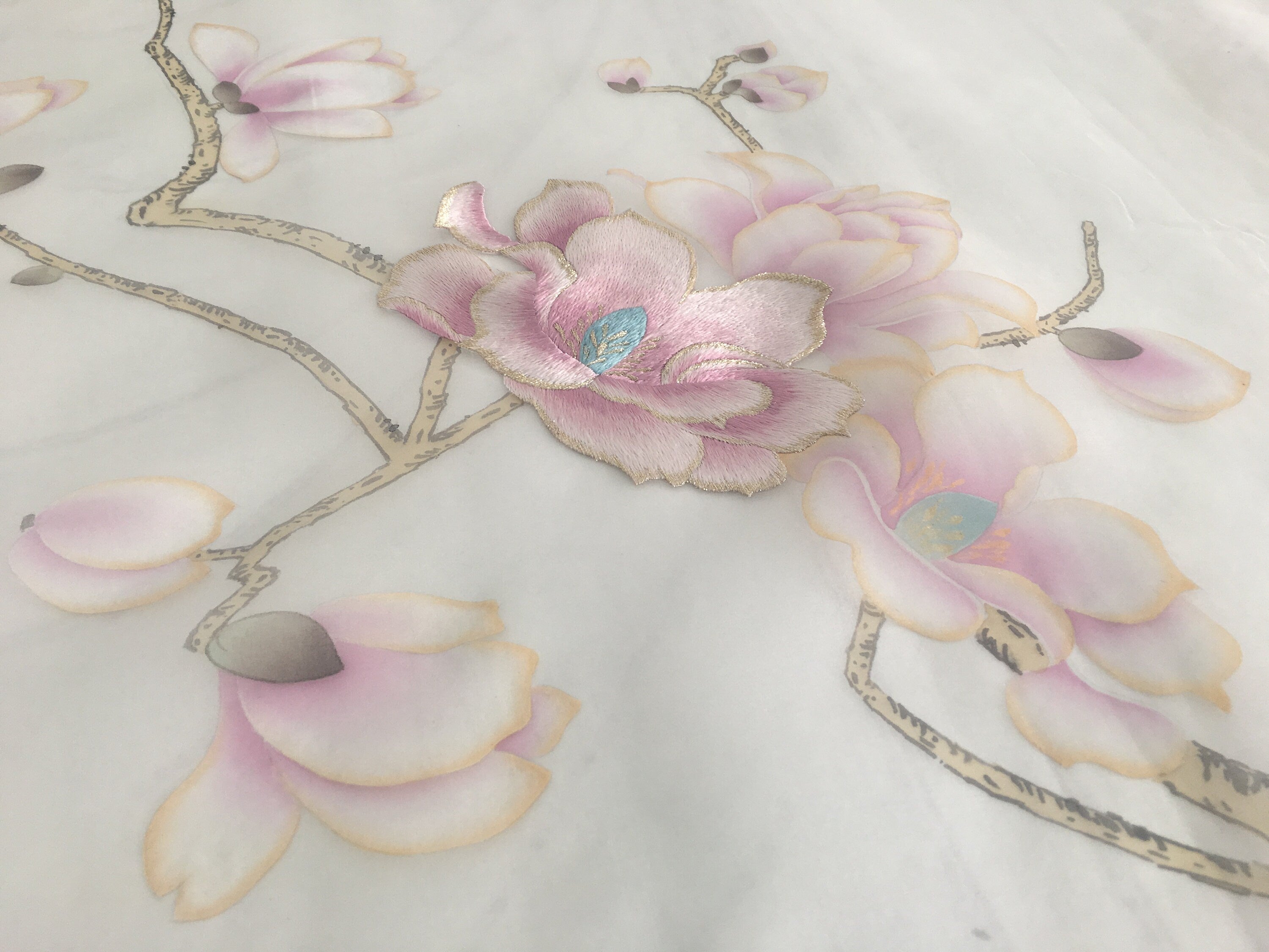 Double Sided Handpainted Magnolia and Butterfly on Silk Organza with Hand Embroidery