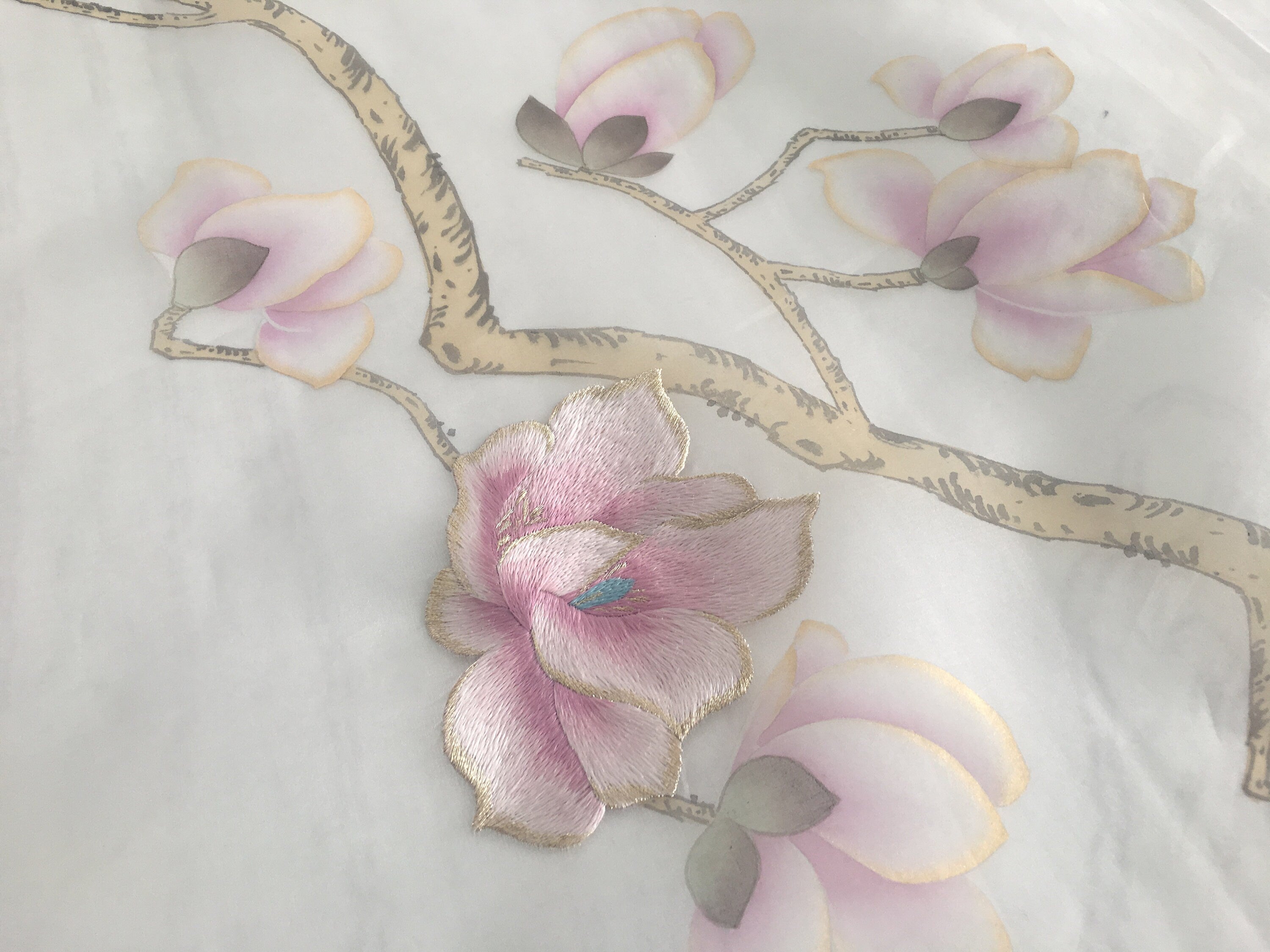 Double Sided Handpainted Magnolia and Butterfly on Silk Organza with Hand Embroidery