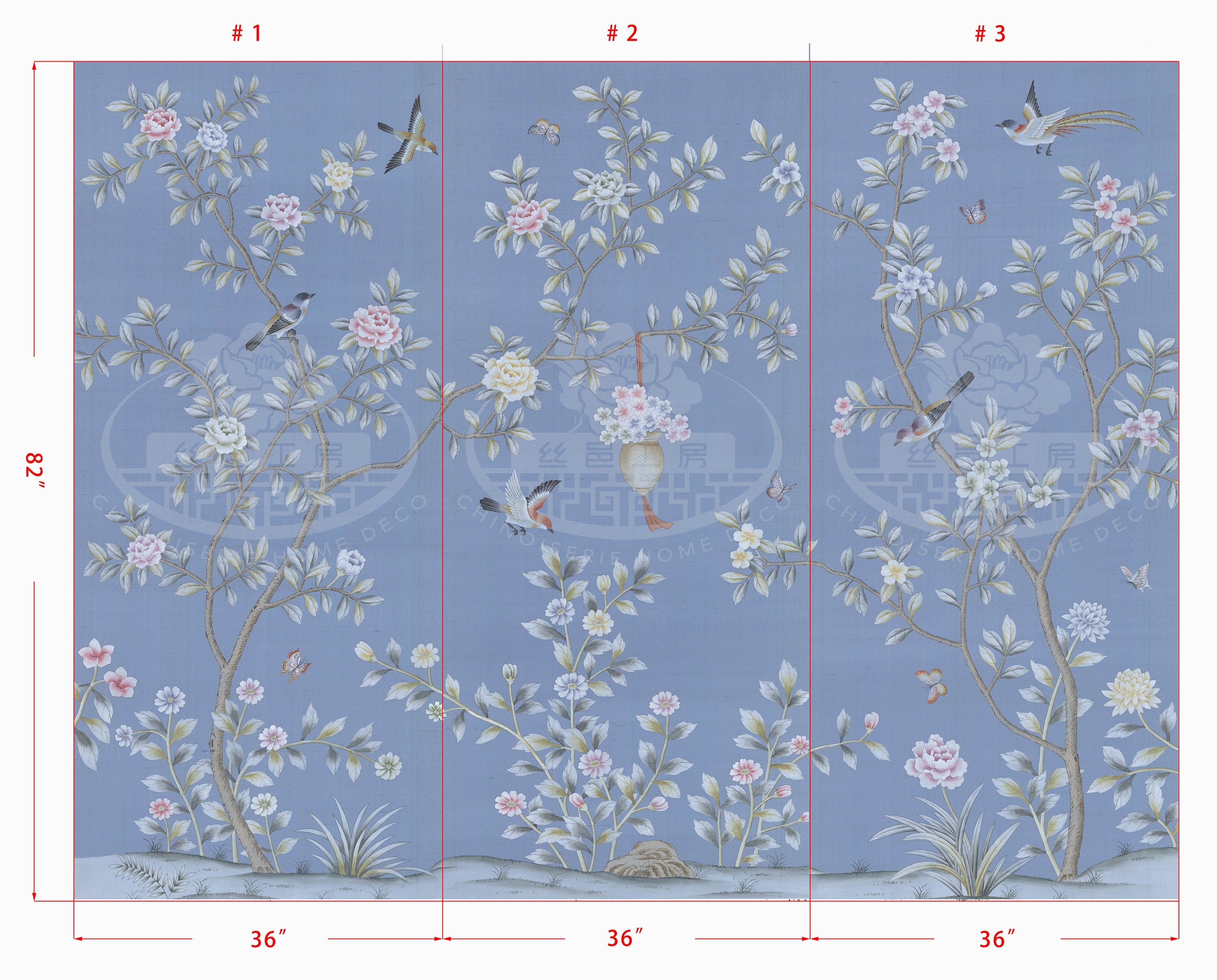 36" x 82" Chinoiserie Handpainted Artwork on Deep Blue Slub Silk DP-44